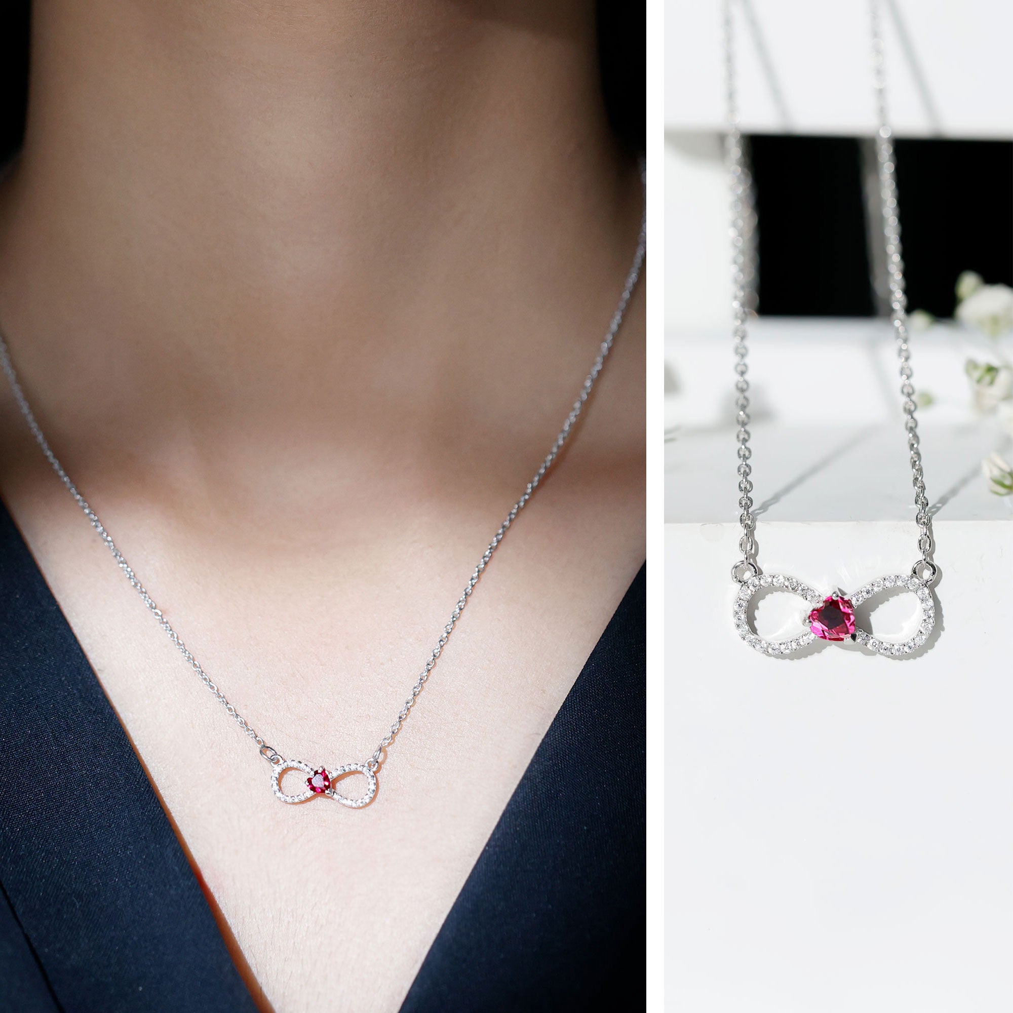 Lab Grown Ruby and Moissanite Heart Infinity Necklace For Her