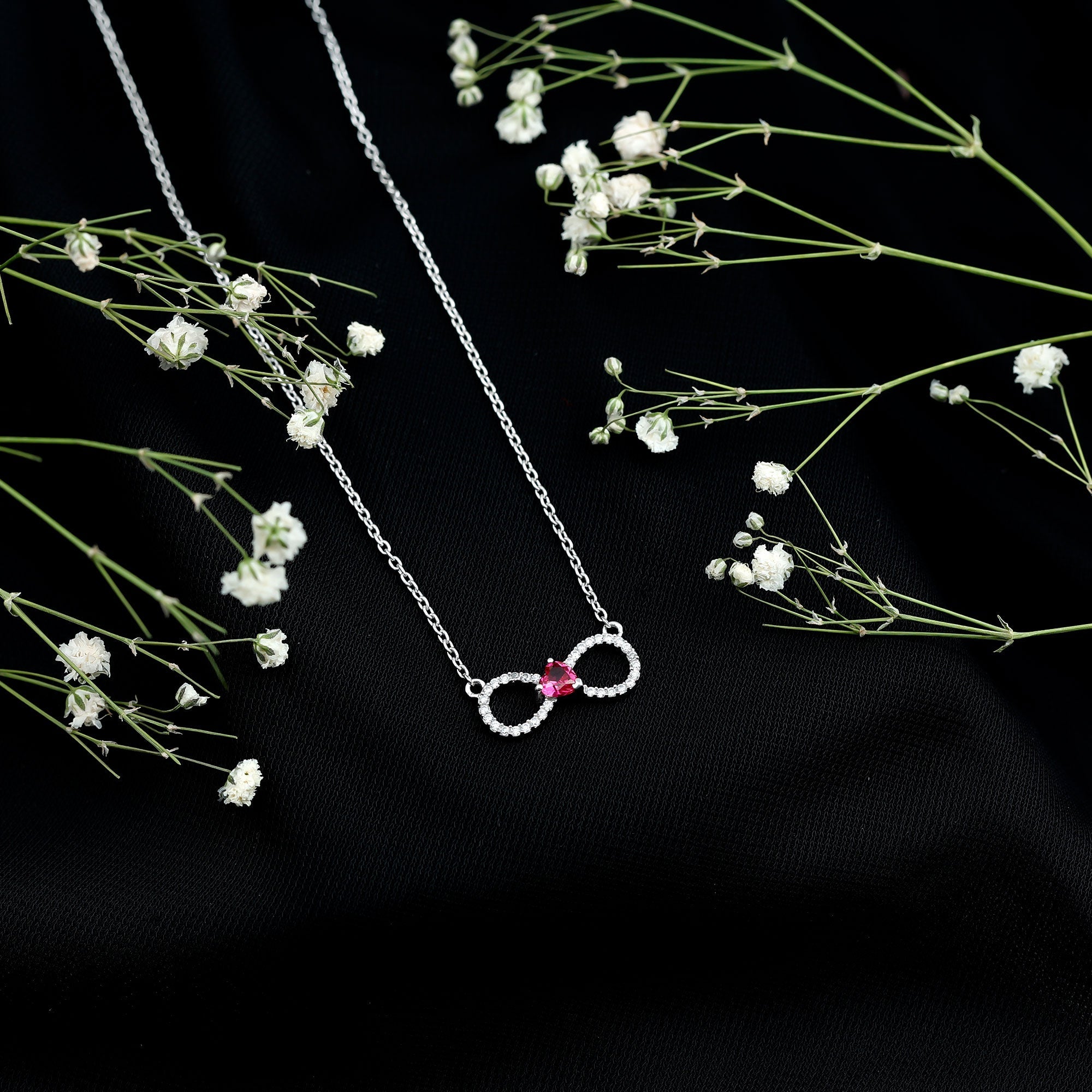 Lab Grown Ruby and Moissanite Heart Infinity Necklace For Her
