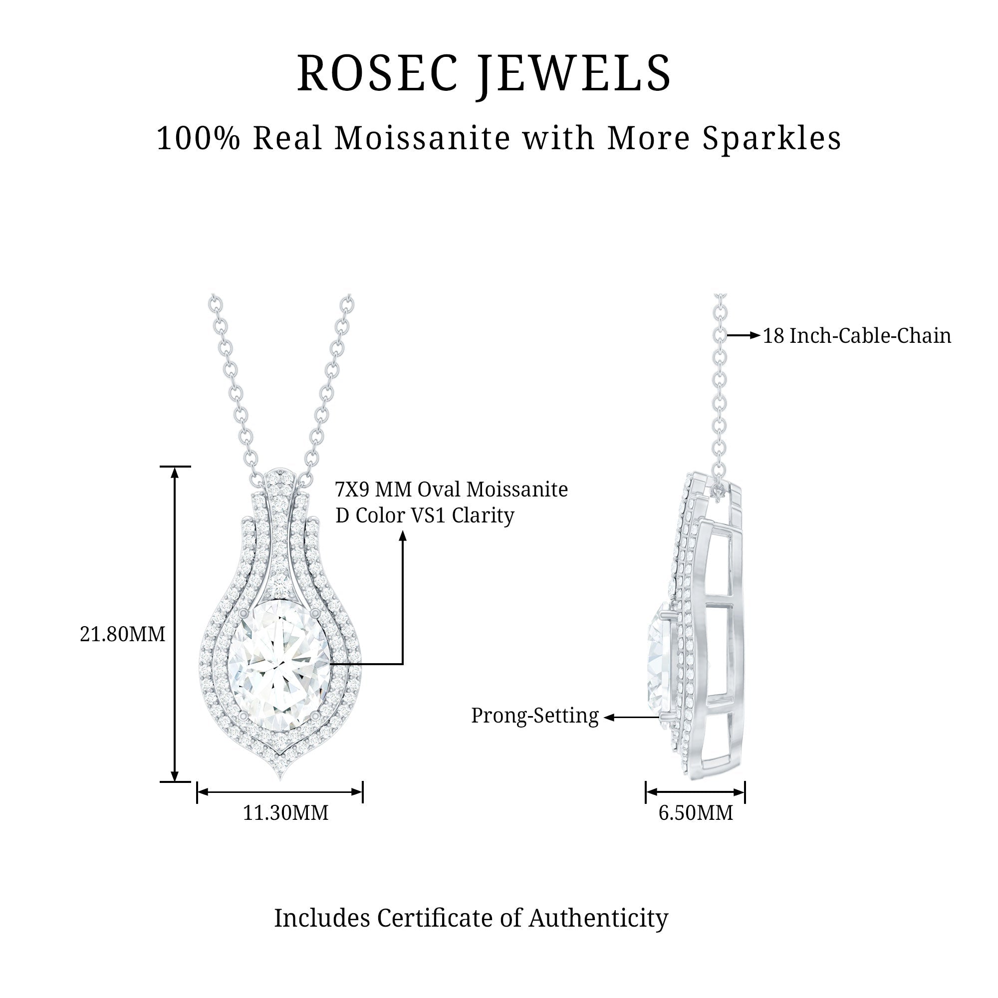 Certified 7X9 MM Oval Moissanite Statement Wedding Necklace with Chain