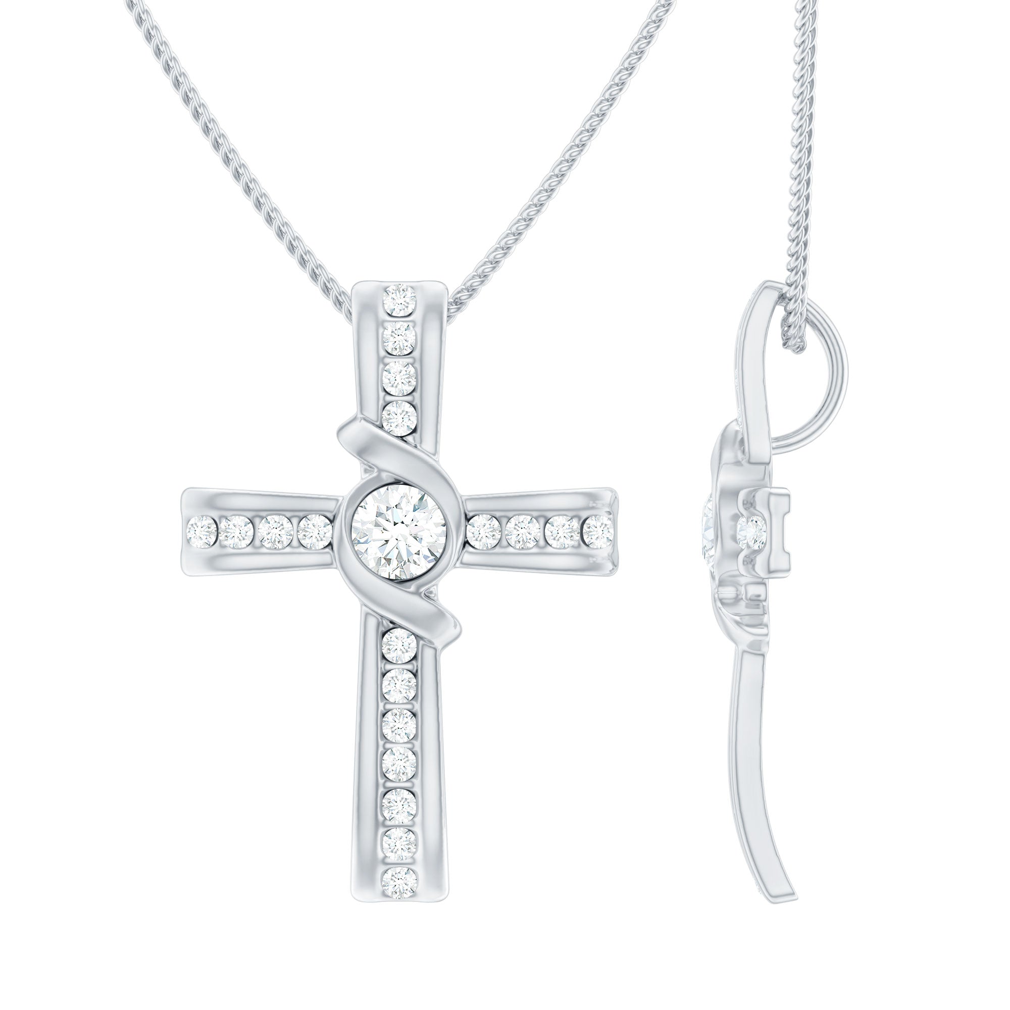 Moissanite Catholic Cross Necklace with Silver Chain