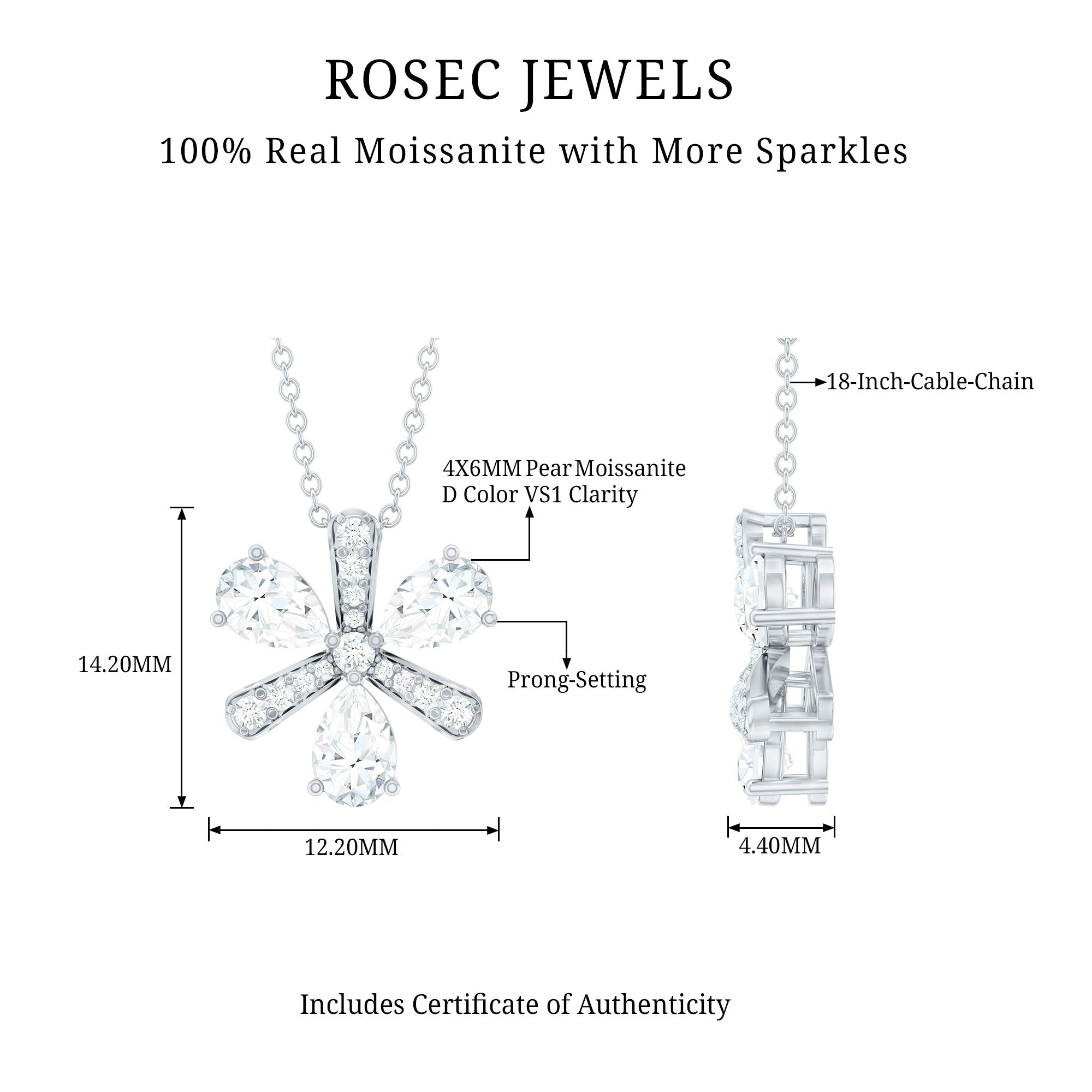 Certified Moissanite Flower Pendant Necklace with Silver Chain