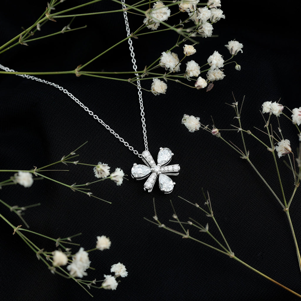 Certified Moissanite Flower Pendant Necklace with Silver Chain