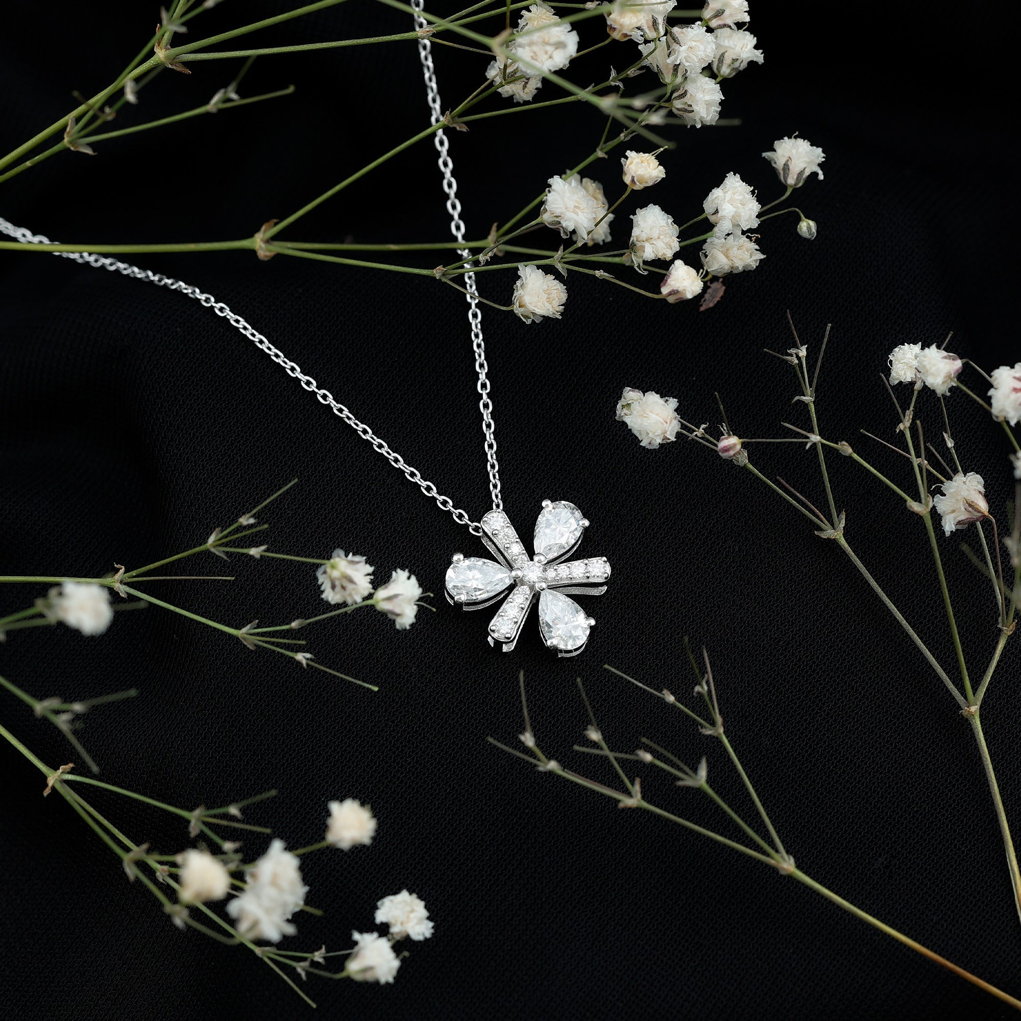 Certified Moissanite Flower Pendant Necklace with Silver Chain