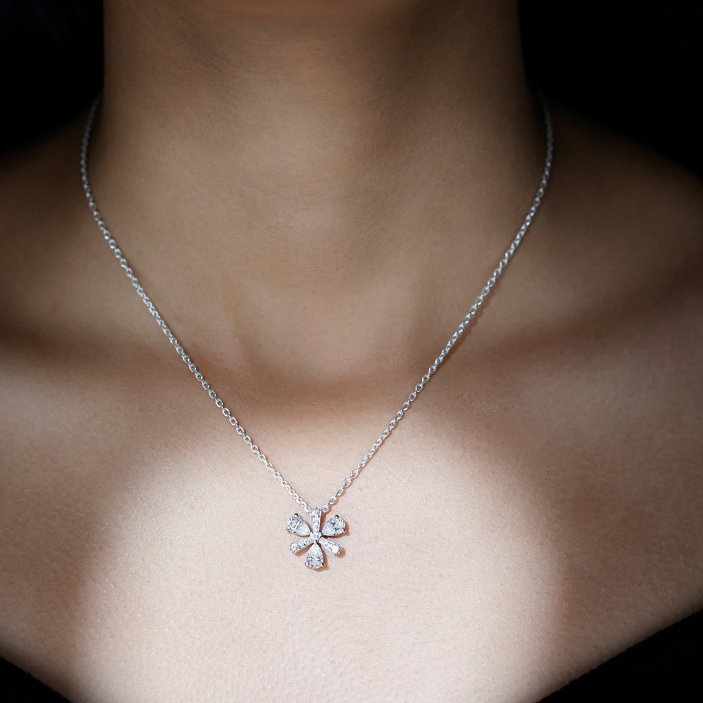 Certified Moissanite Flower Pendant Necklace with Silver Chain