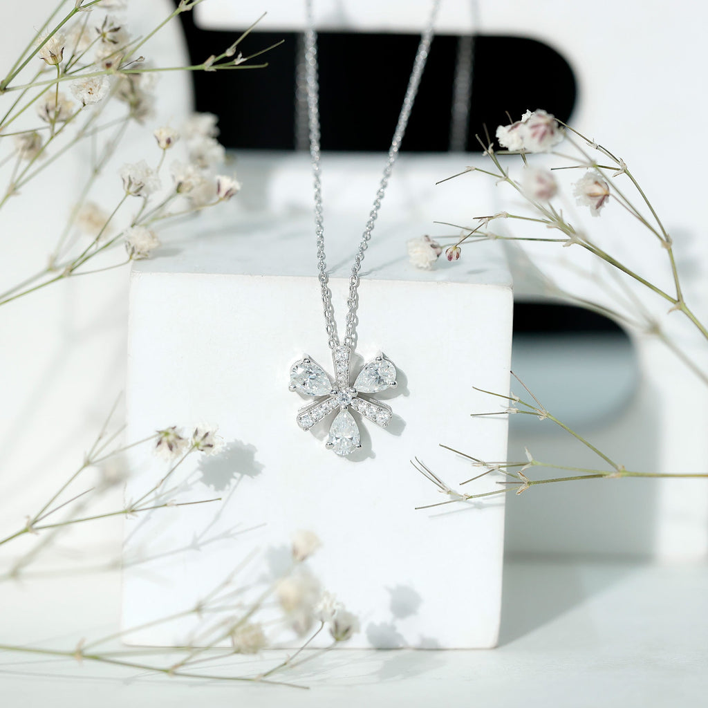 Certified Moissanite Flower Pendant Necklace with Silver Chain