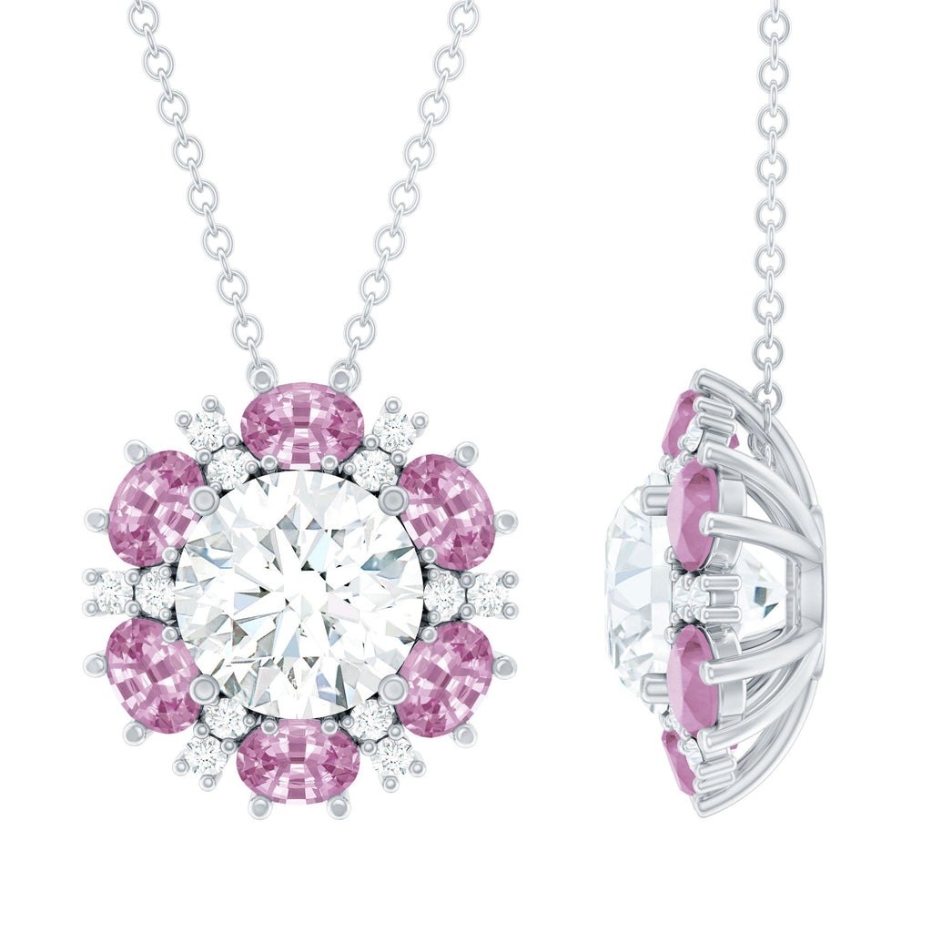 Certified 2 CT Moissanite and Lab Grown Pink Sapphire Flower Pendant Necklace