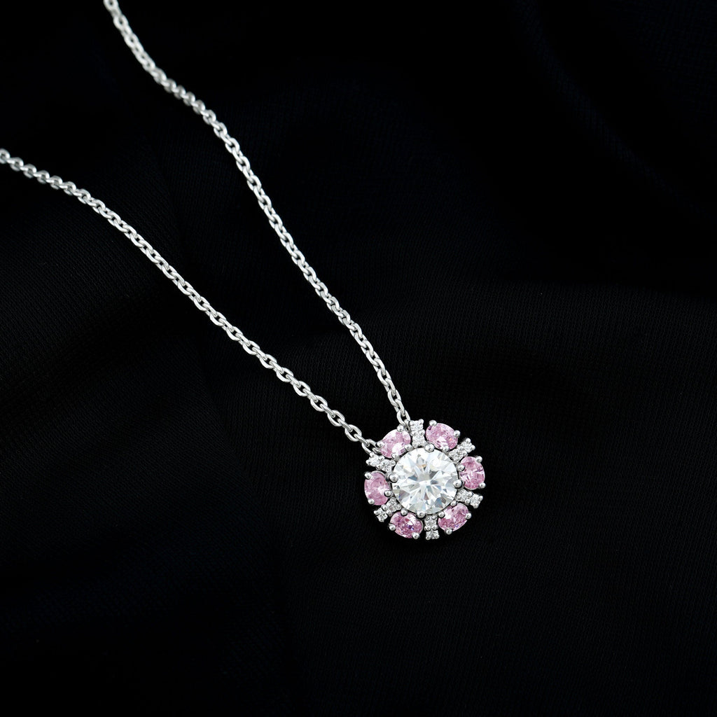 Certified 2 CT Moissanite and Lab Grown Pink Sapphire Flower Pendant Necklace