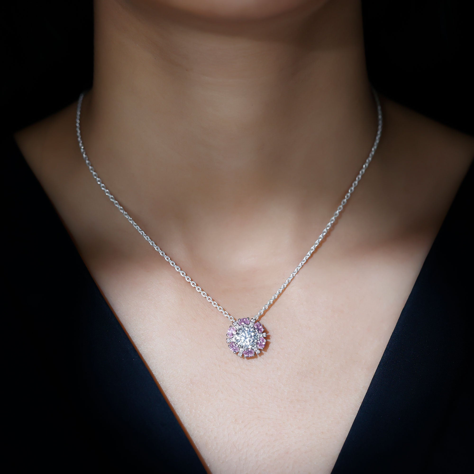 Certified 2 CT Moissanite and Lab Grown Pink Sapphire Flower Pendant Necklace