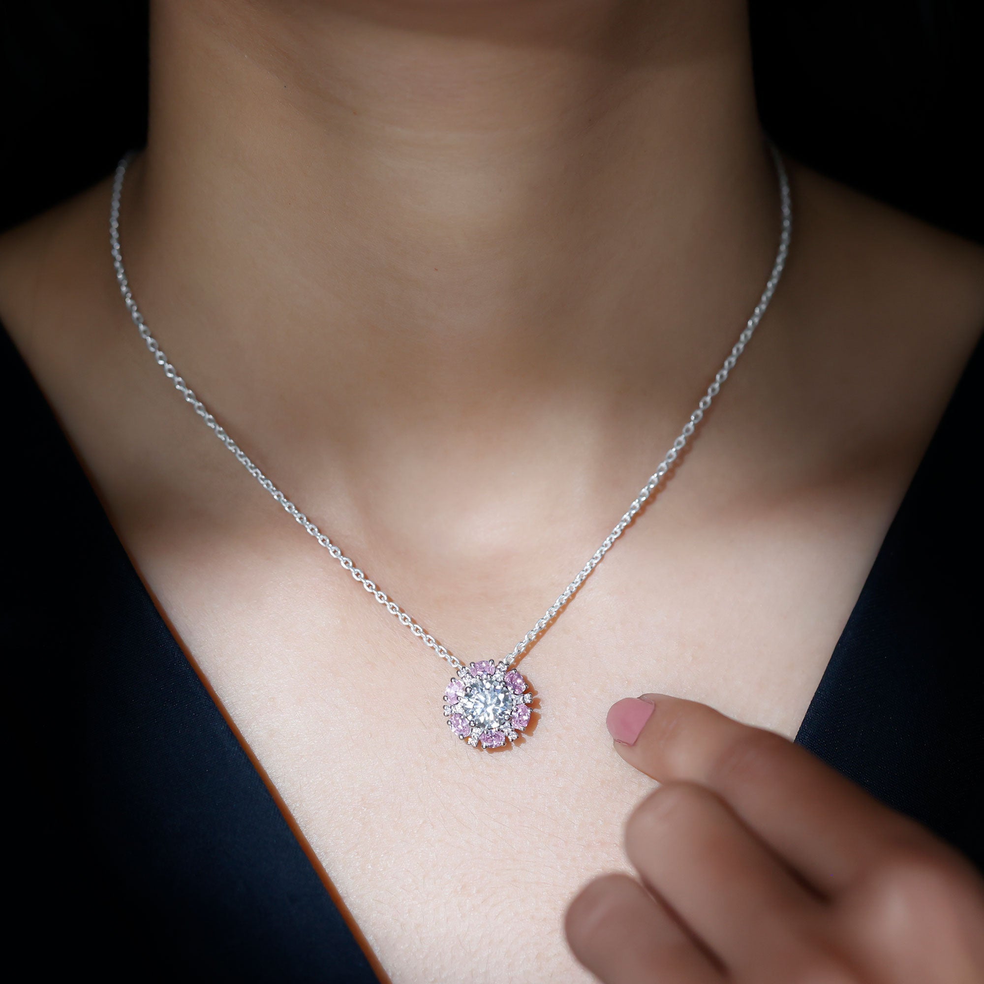 Certified 2 CT Moissanite and Lab Grown Pink Sapphire Flower Pendant Necklace