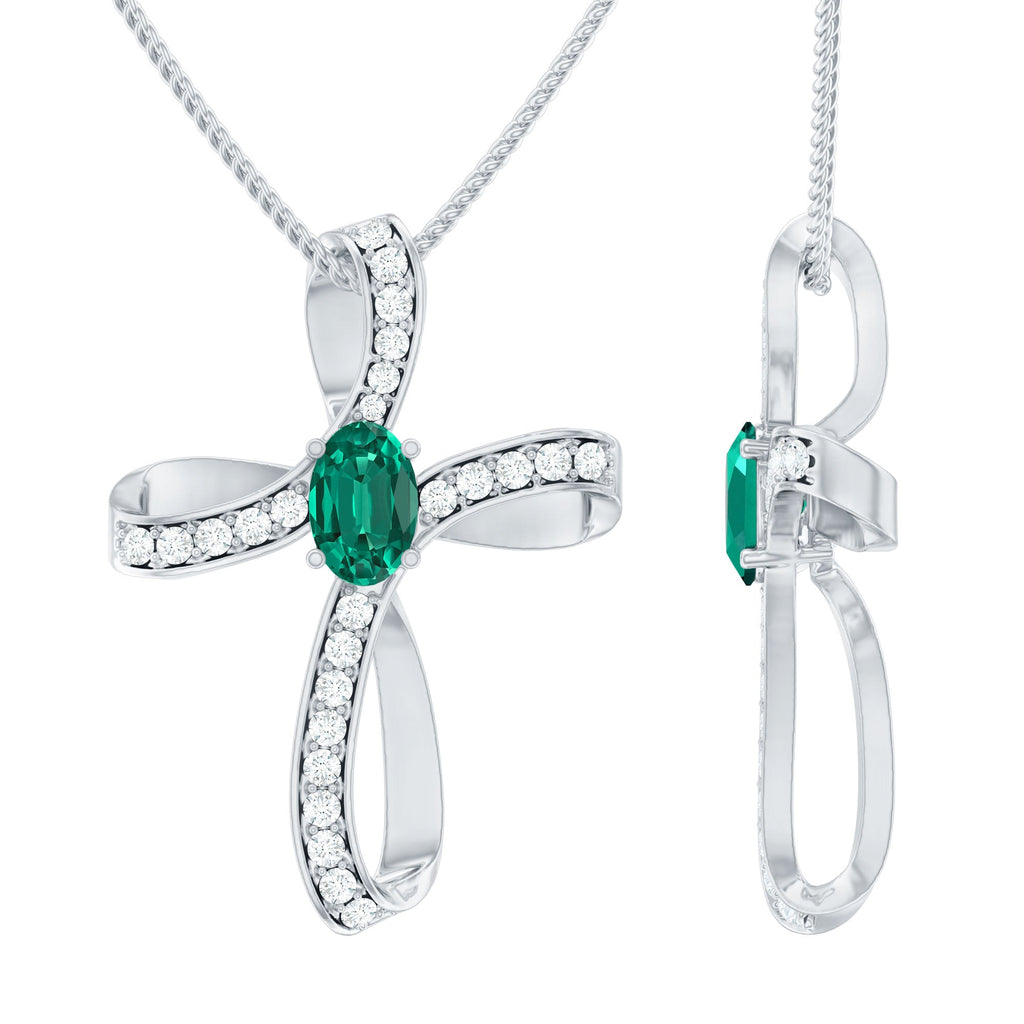 Lab Created Emerald and Moissanite Cross Necklace In Silver