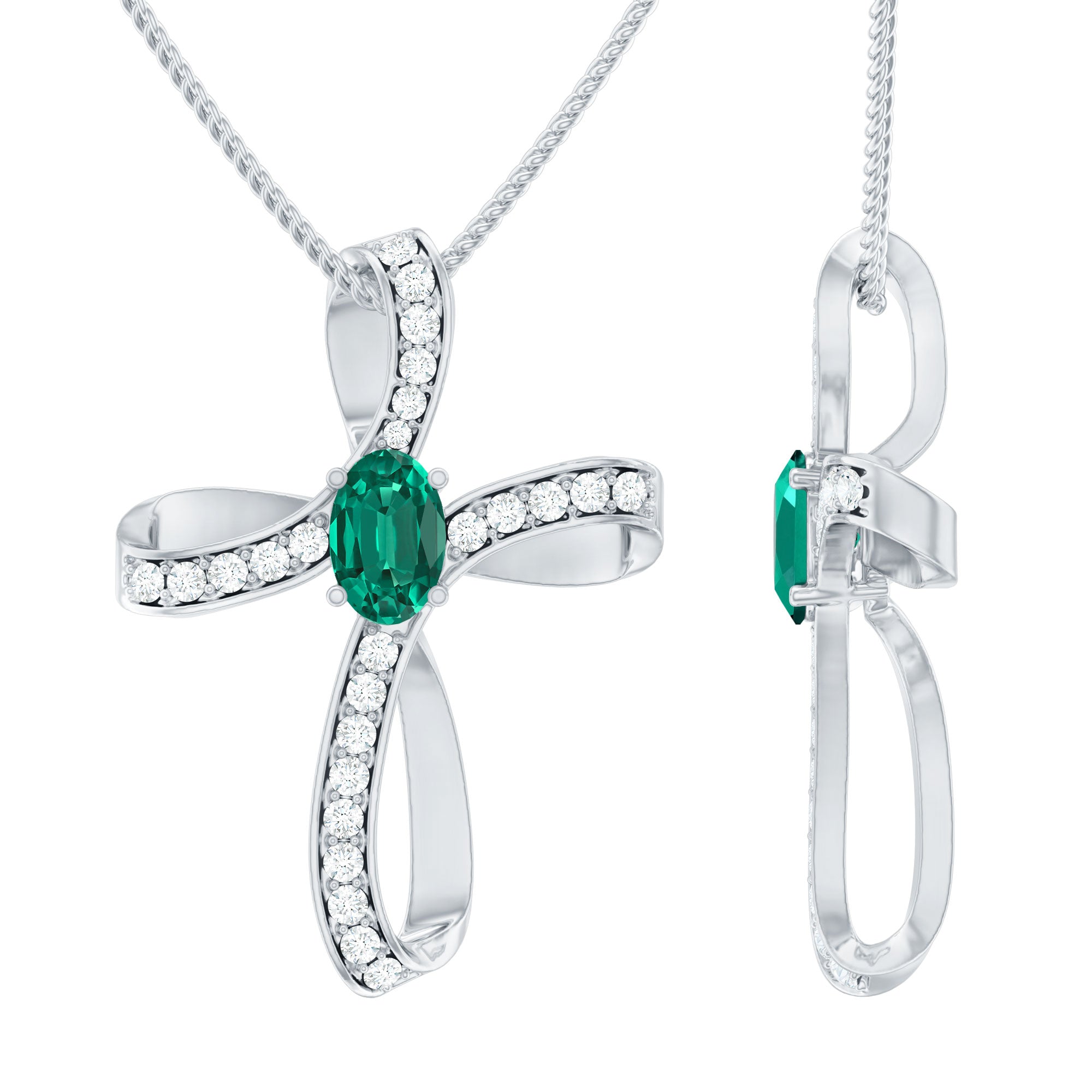 Lab Created Emerald and Moissanite Cross Necklace In Silver