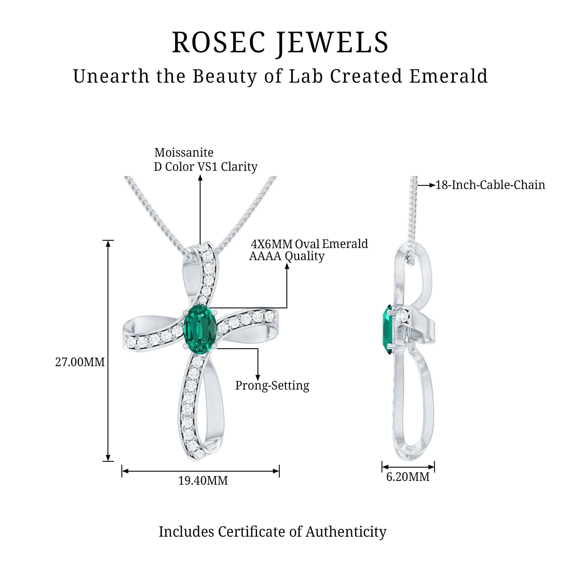 Lab Created Emerald and Moissanite Cross Necklace In Silver