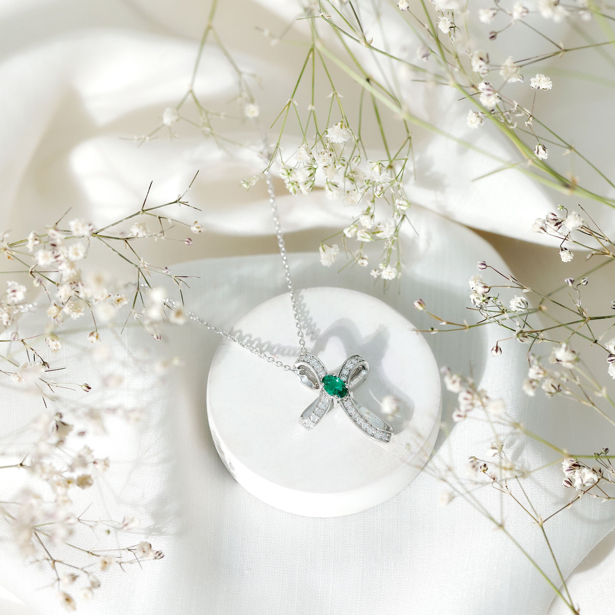 Lab Created Emerald and Moissanite Cross Necklace In Silver