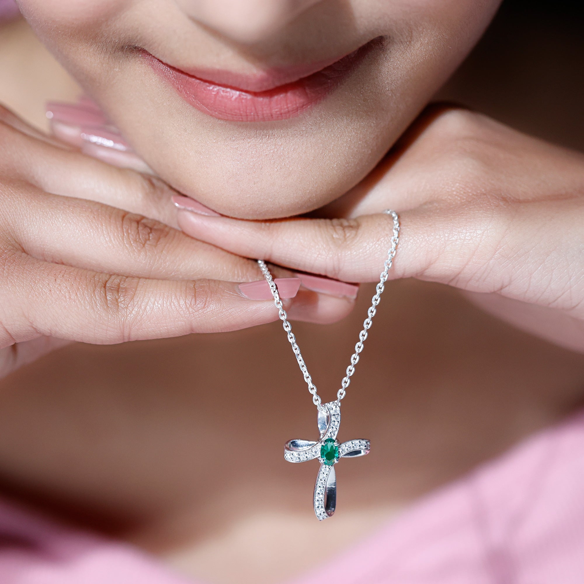Lab Created Emerald and Moissanite Cross Necklace In Silver