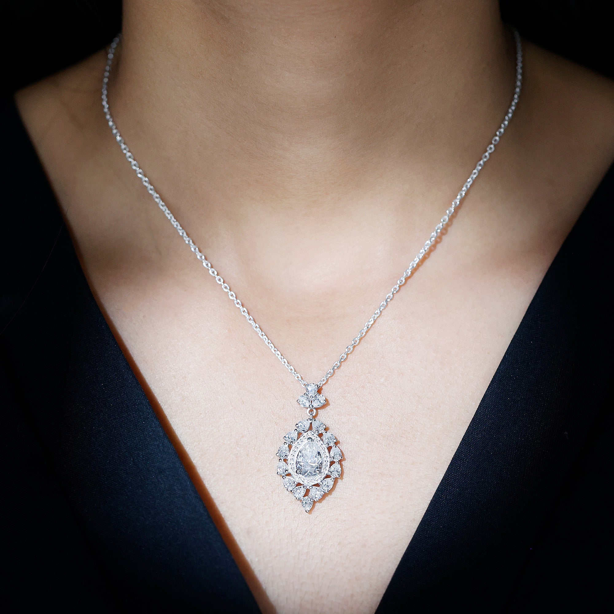 Certified Pear Cut Moissanite Bridal Drop Necklace with Chain
