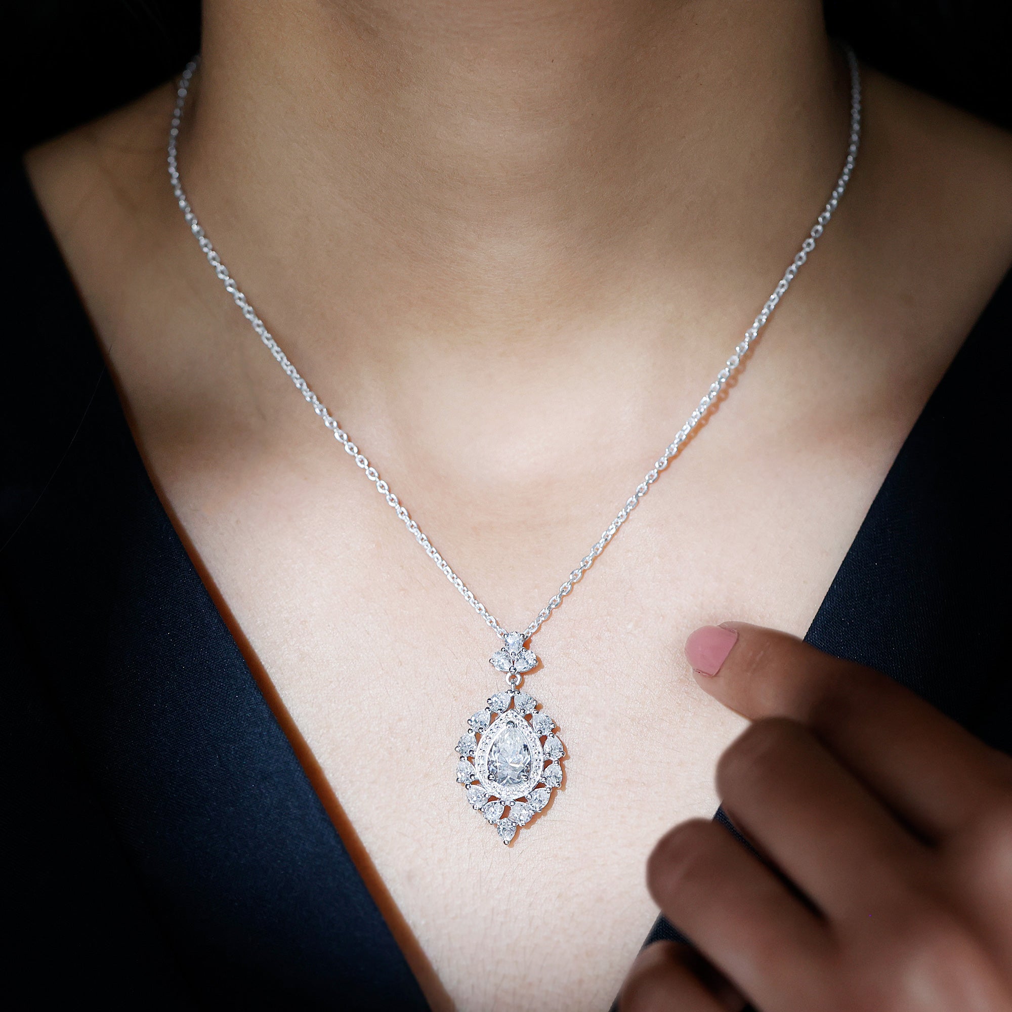 Certified Pear Cut Moissanite Bridal Drop Necklace with Chain
