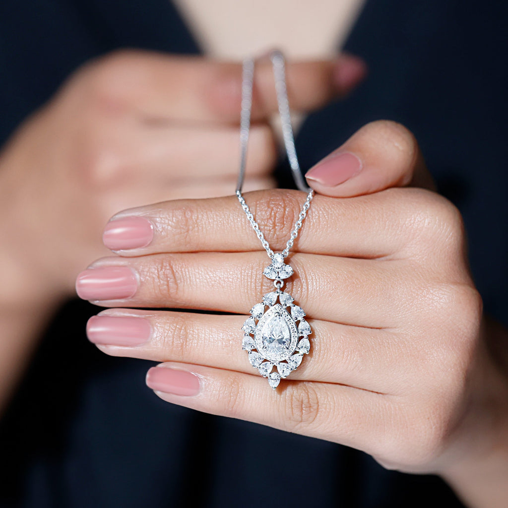 Certified Pear Cut Moissanite Bridal Drop Necklace with Chain