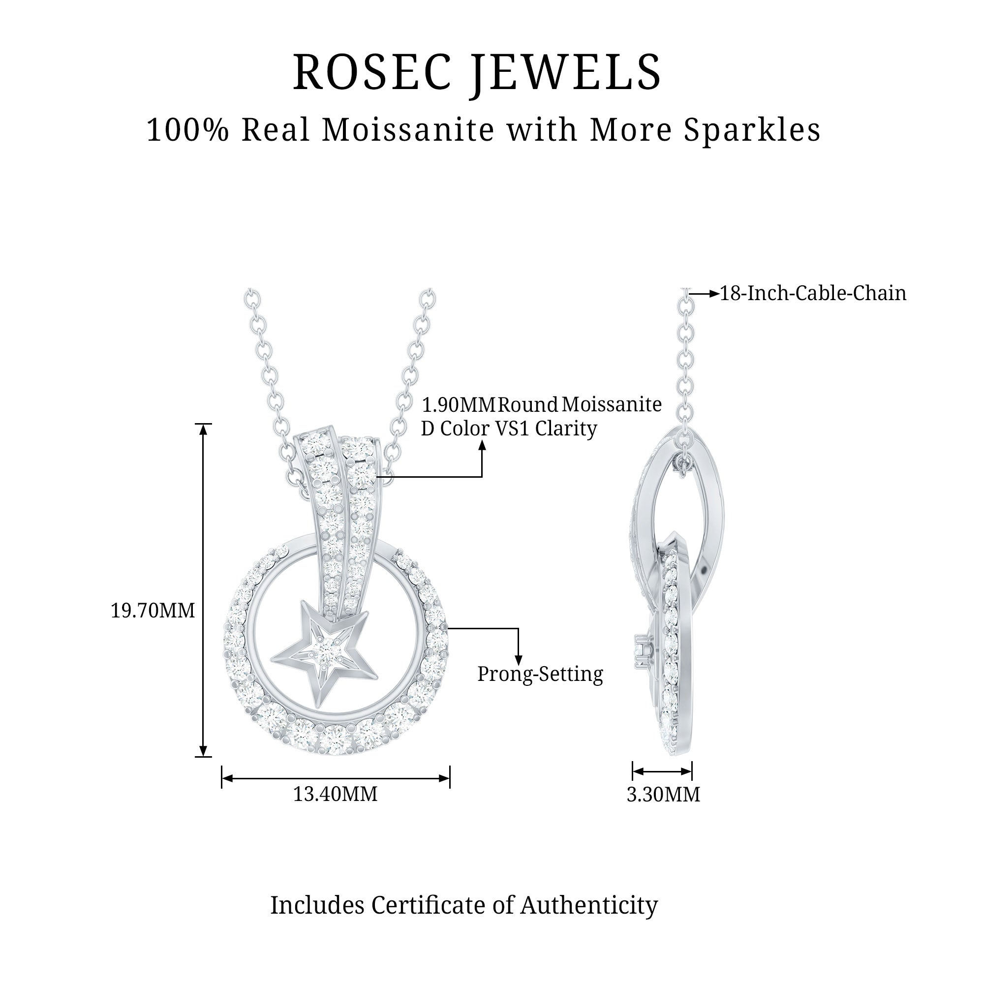 Certified Moissanite Shooting Star Necklace with Chain