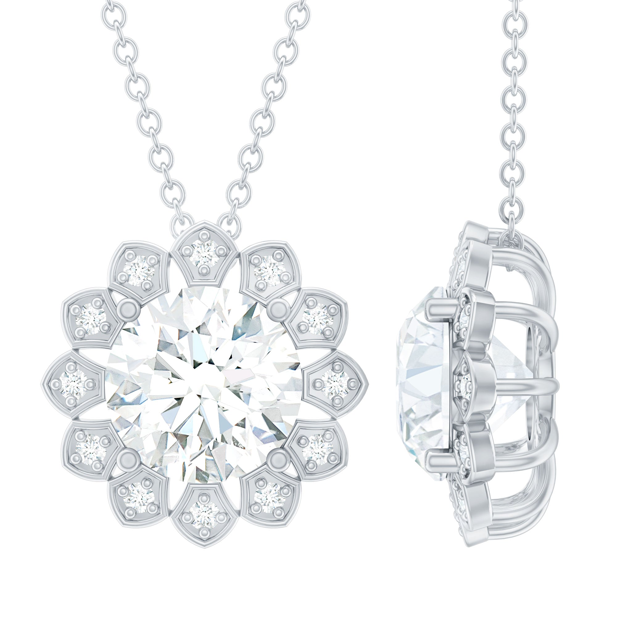 Certified 2 CT Moissanite Statement Flower Necklace with Silver Chain