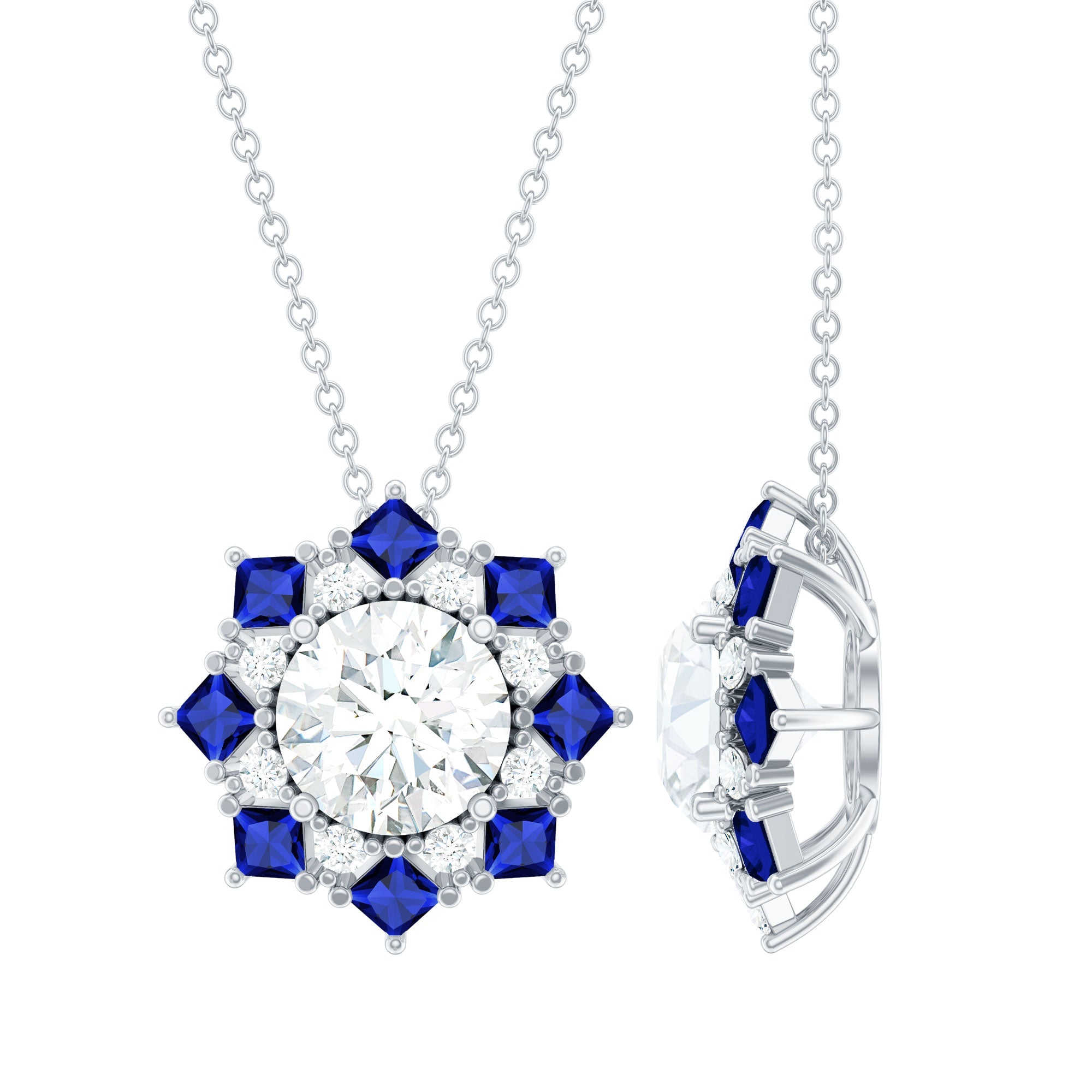 Certified Moissanite and Lab Sapphire Designer Necklace With Chain