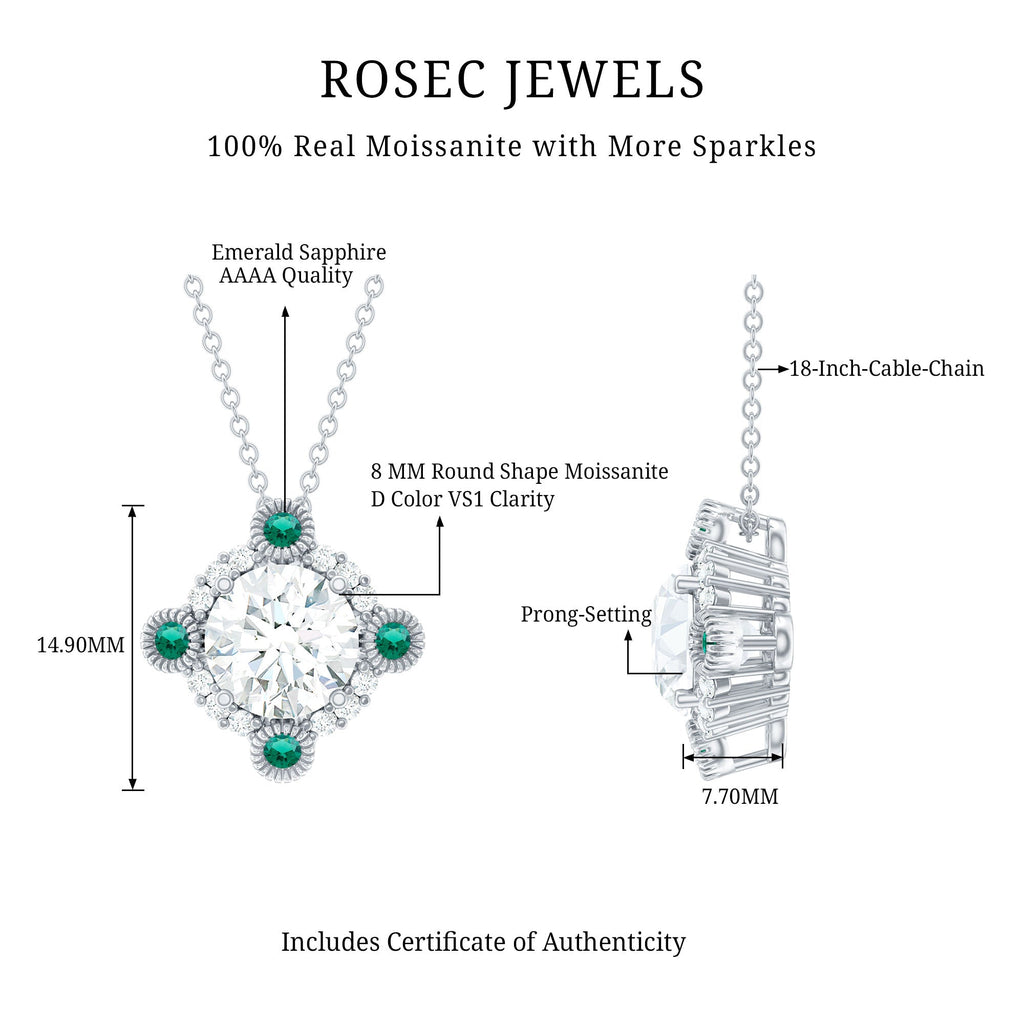 Moissanite Vintage Inspired Necklace with Lab Emerald