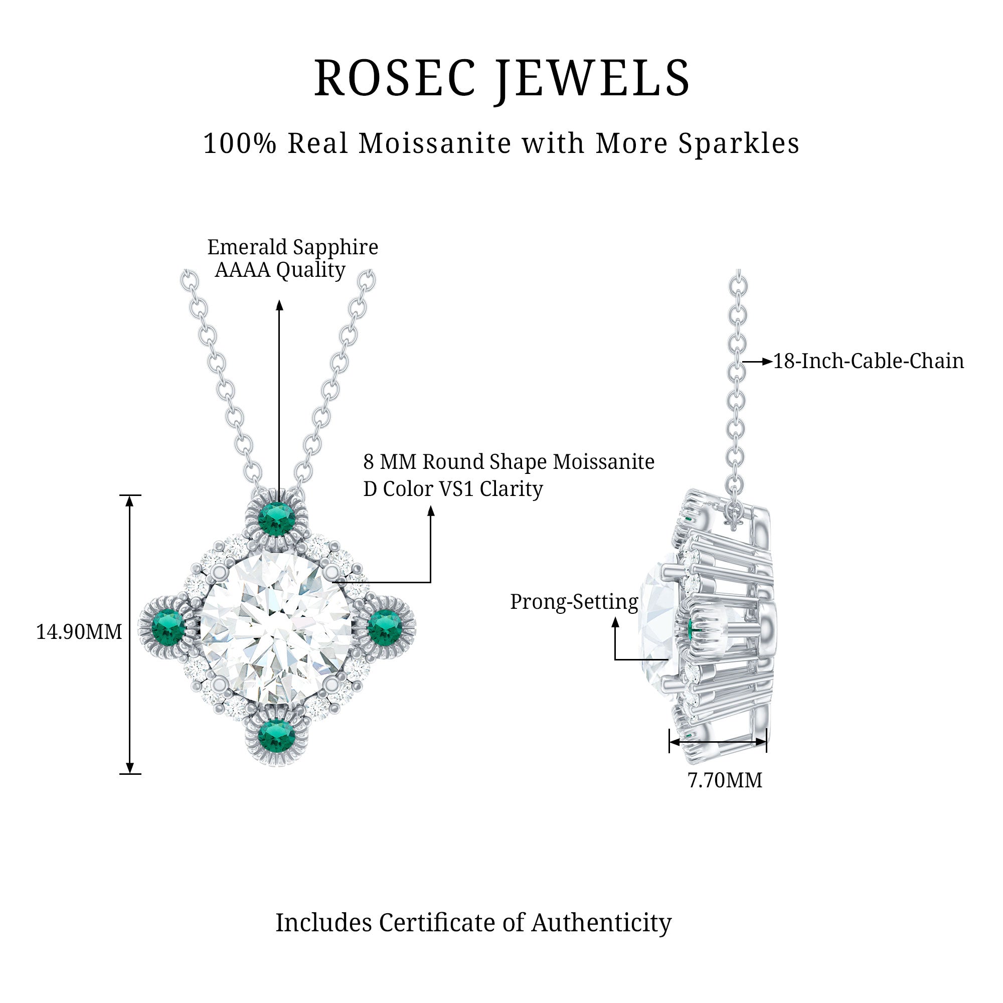 Moissanite Vintage Inspired Necklace with Lab Emerald