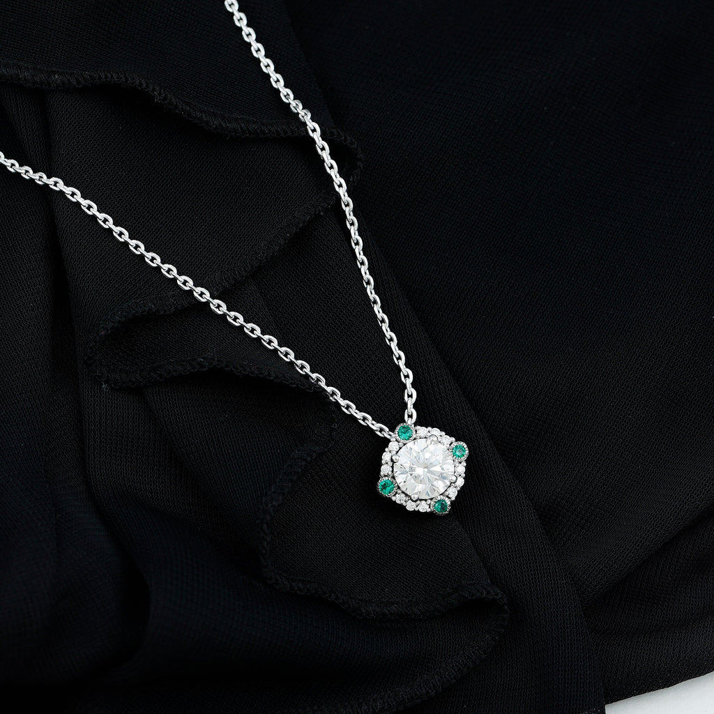 Moissanite Vintage Inspired Necklace with Lab Emerald