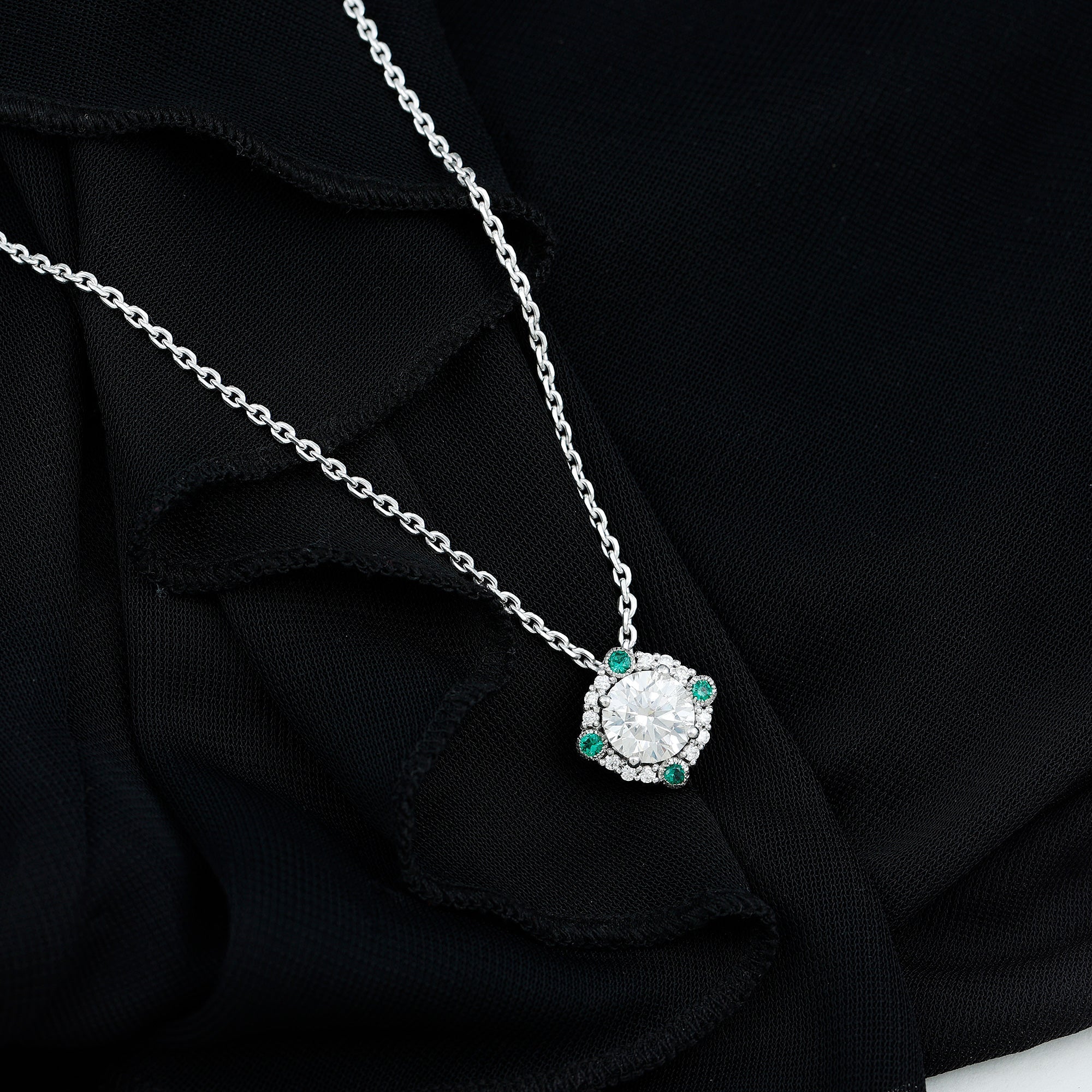 Moissanite Vintage Inspired Necklace with Lab Emerald