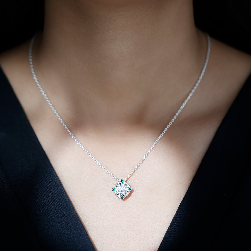Moissanite Vintage Inspired Necklace with Lab Emerald
