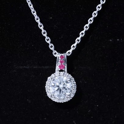 Certified Moissanite Ruby Halo Pendant Necklace with Silver Chain