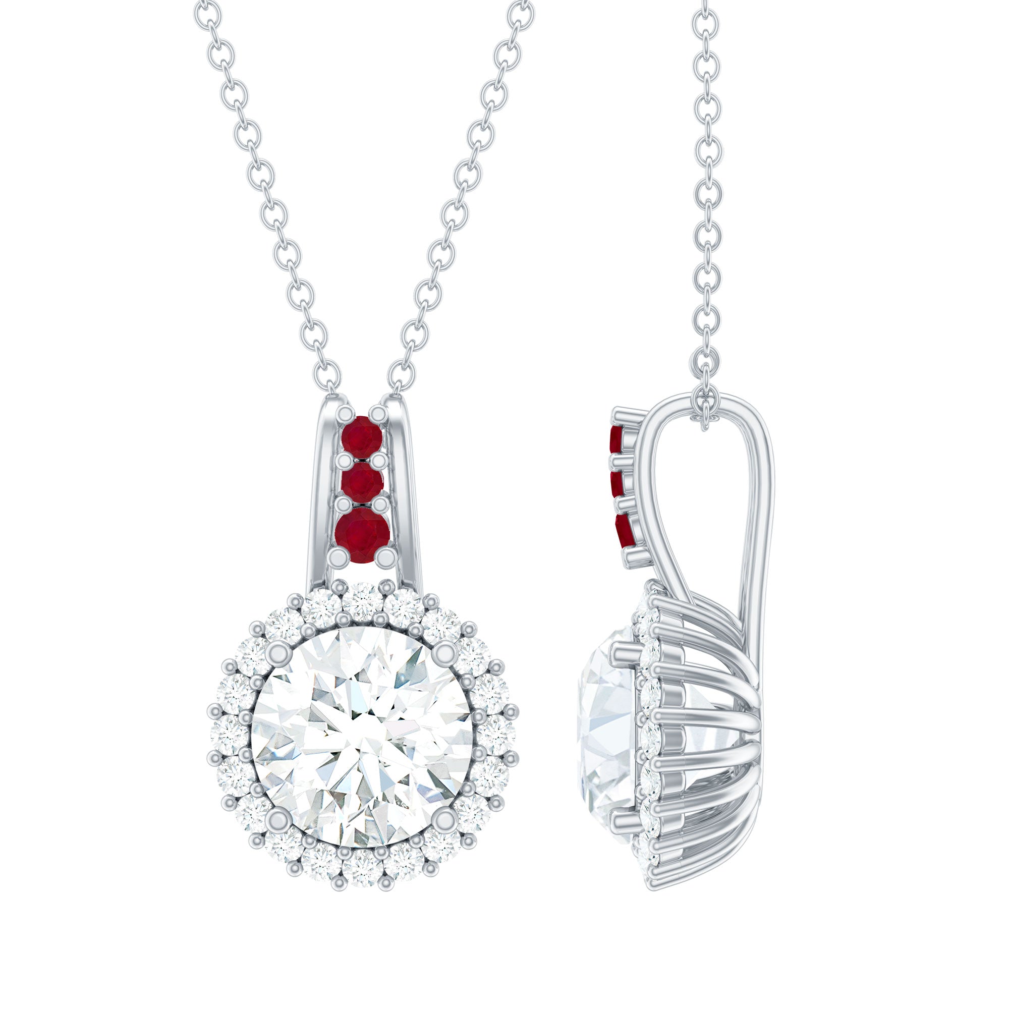 Certified Moissanite Ruby Halo Pendant Necklace with Silver Chain