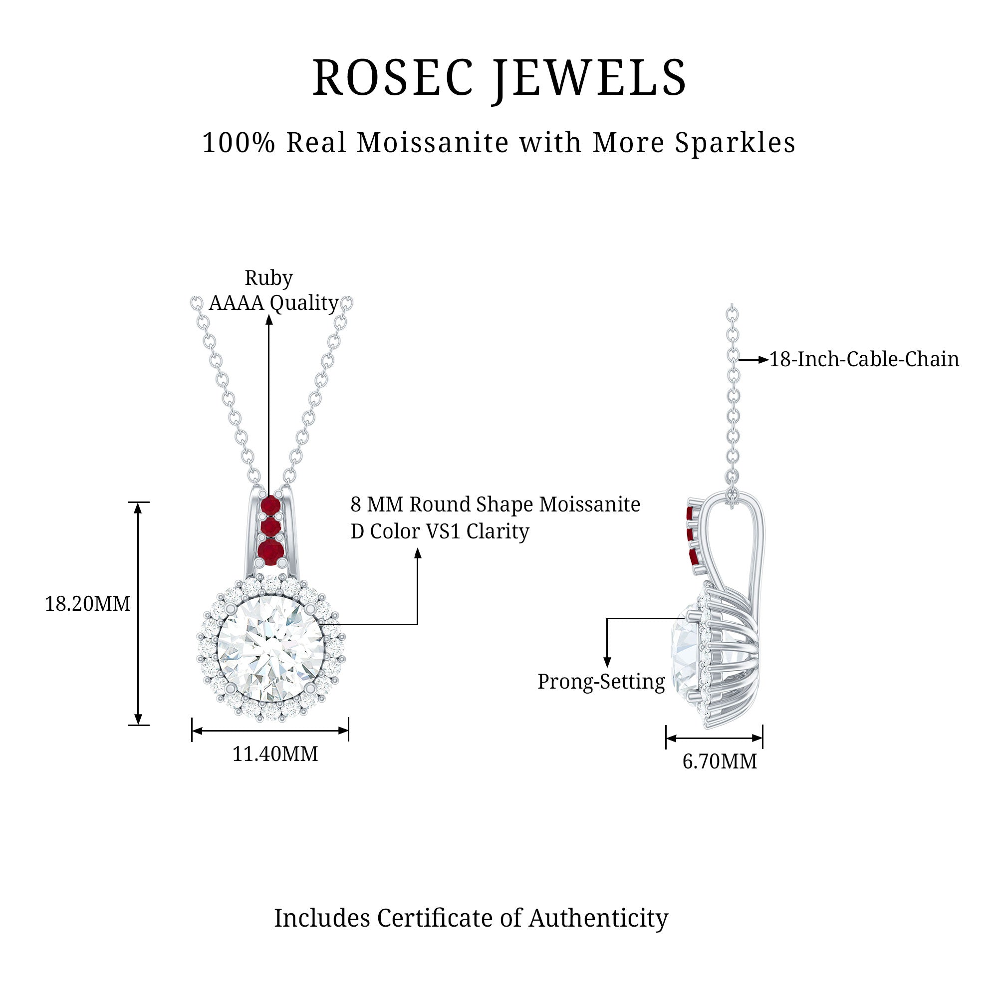 Certified Moissanite Ruby Halo Pendant Necklace with Silver Chain