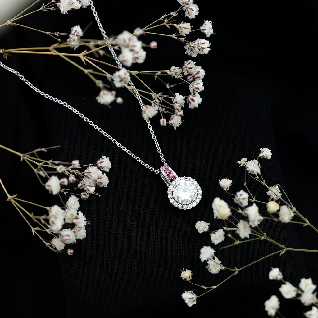 Certified Moissanite Ruby Halo Pendant Necklace with Silver Chain