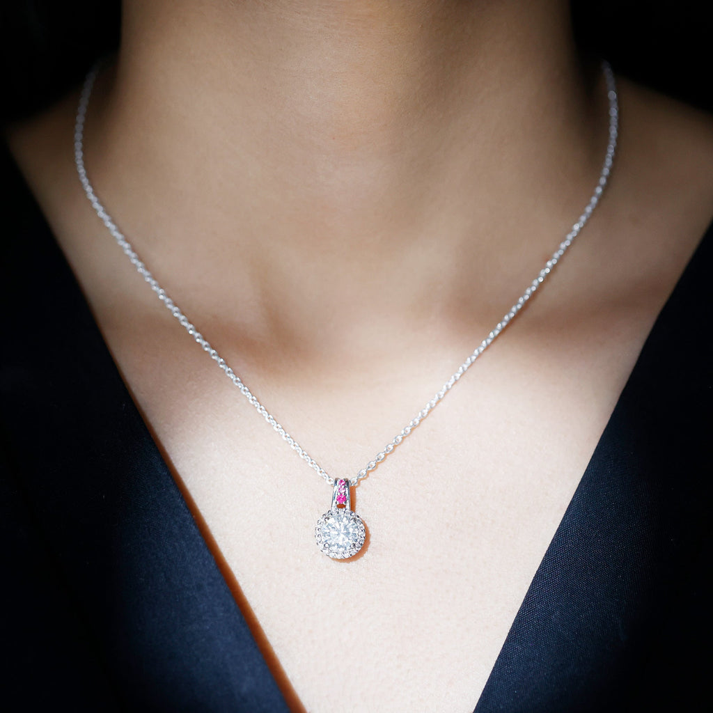 Certified Moissanite Ruby Halo Pendant Necklace with Silver Chain