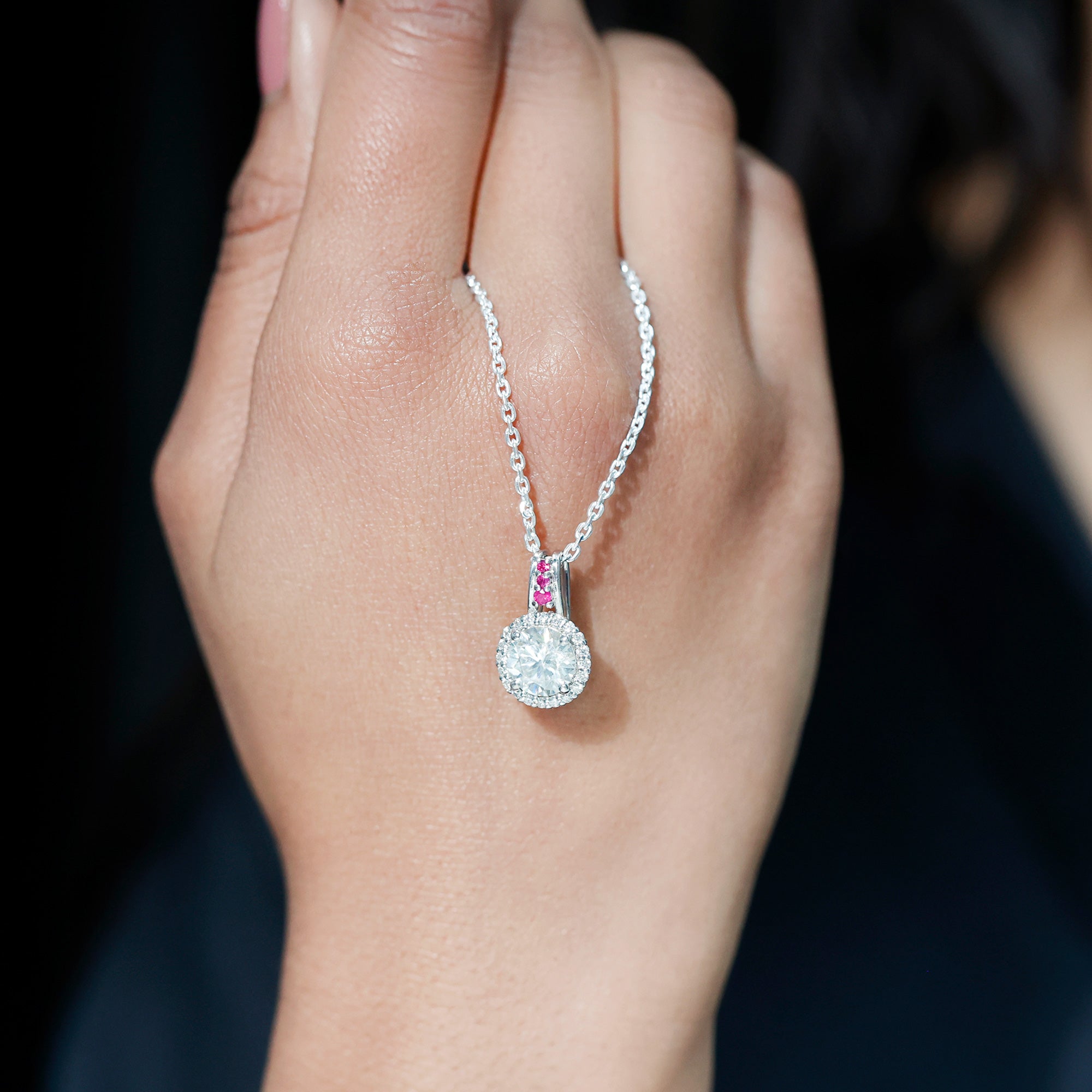 Certified Moissanite Ruby Halo Pendant Necklace with Silver Chain