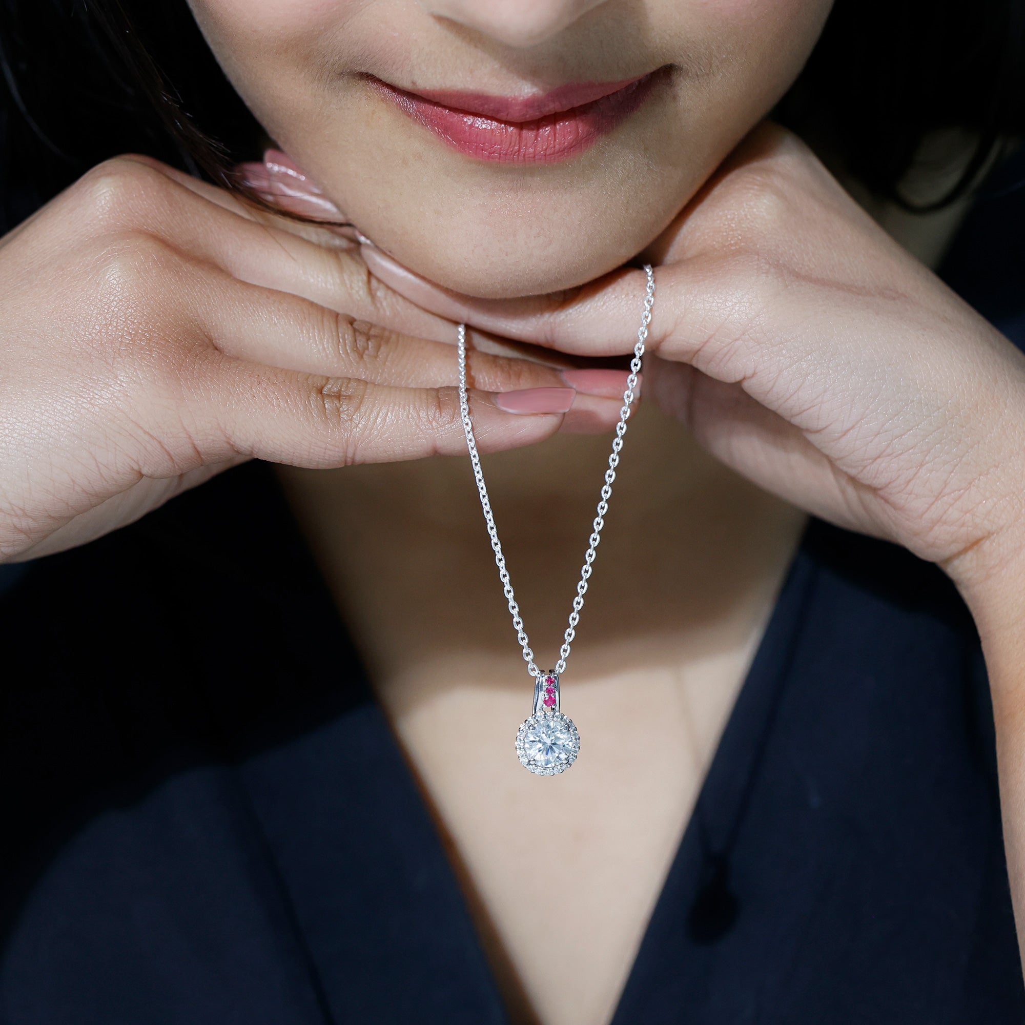 Certified Moissanite Ruby Halo Pendant Necklace with Silver Chain
