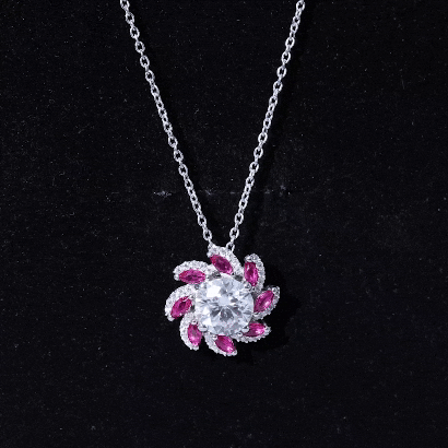 Round Cut 8 MM Moissanite and Lab Ruby Flower Pendant Necklace