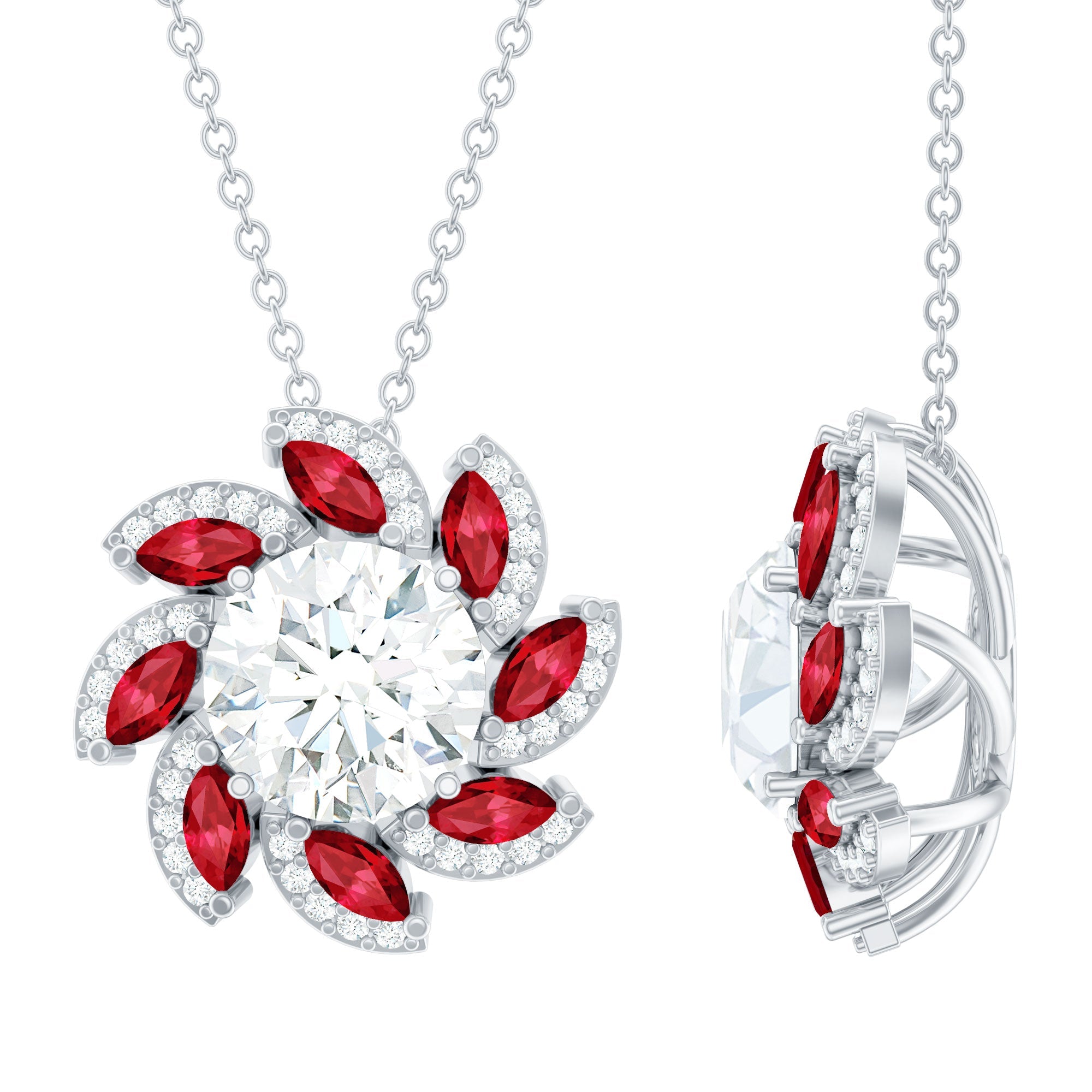 Round Cut 8 MM Moissanite and Lab Ruby Flower Pendant Necklace
