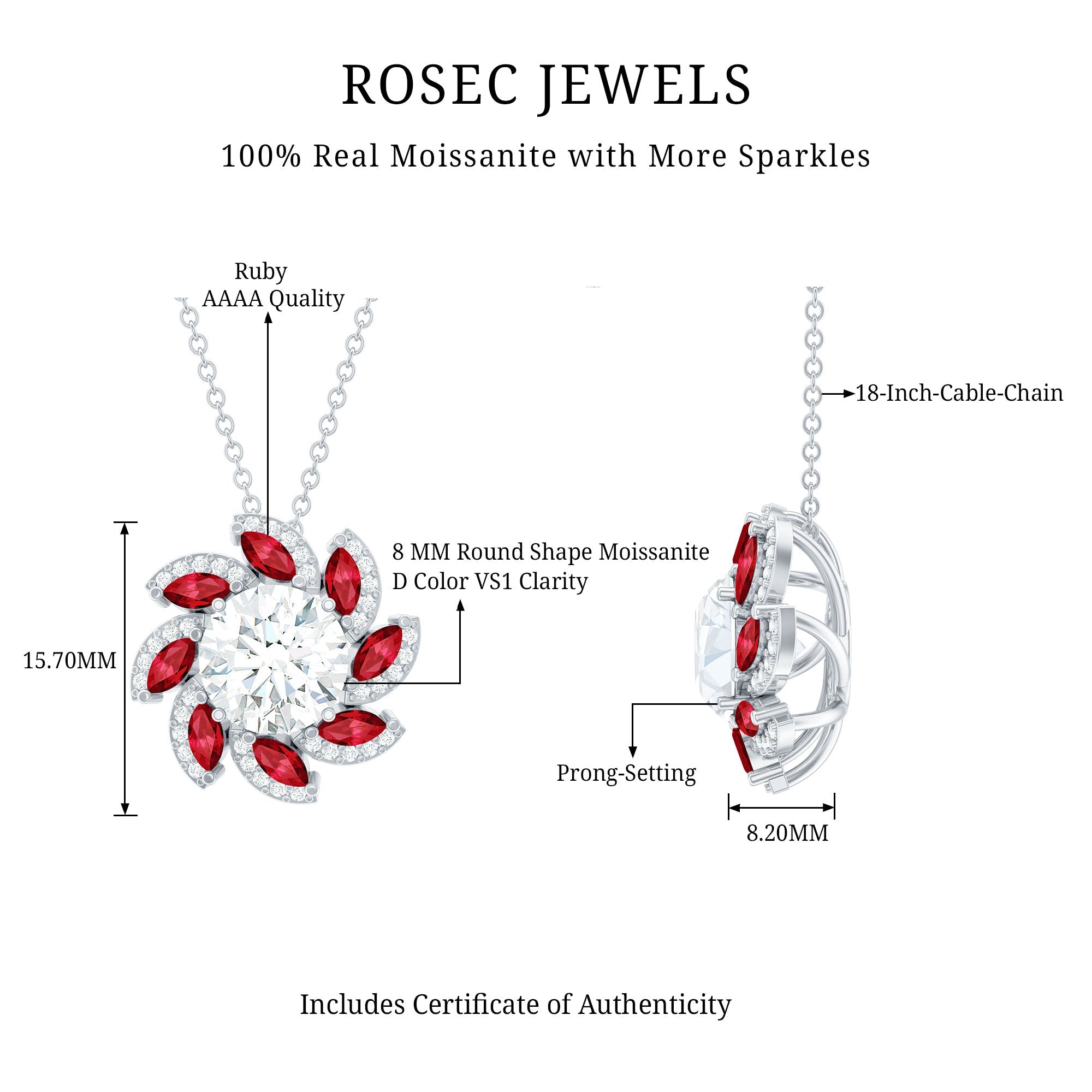 Round Cut 8 MM Moissanite and Lab Ruby Flower Pendant Necklace