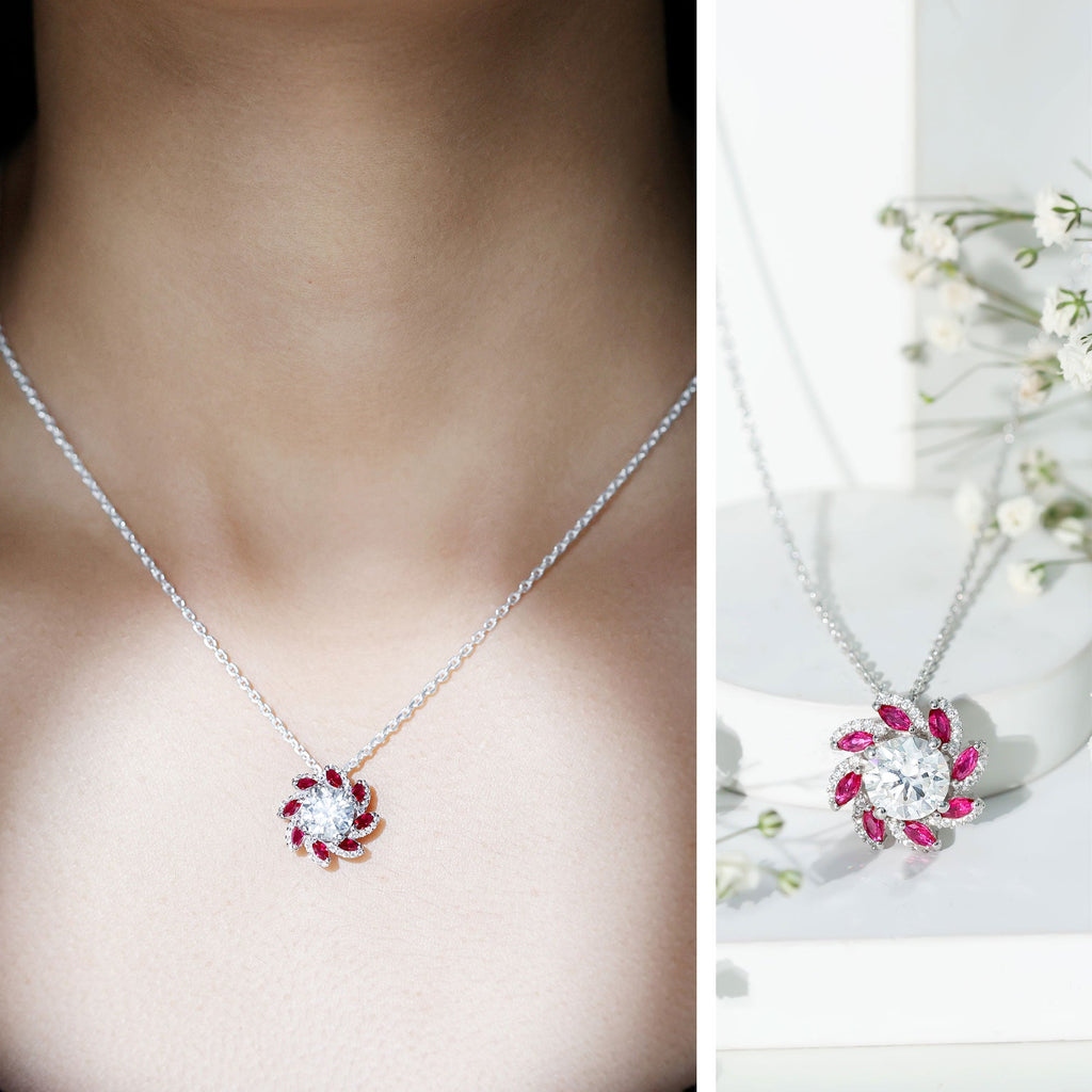 Round Cut 8 MM Moissanite and Lab Ruby Flower Pendant Necklace