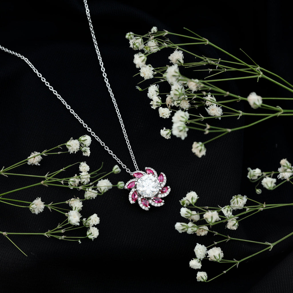 Round Cut 8 MM Moissanite and Lab Ruby Flower Pendant Necklace