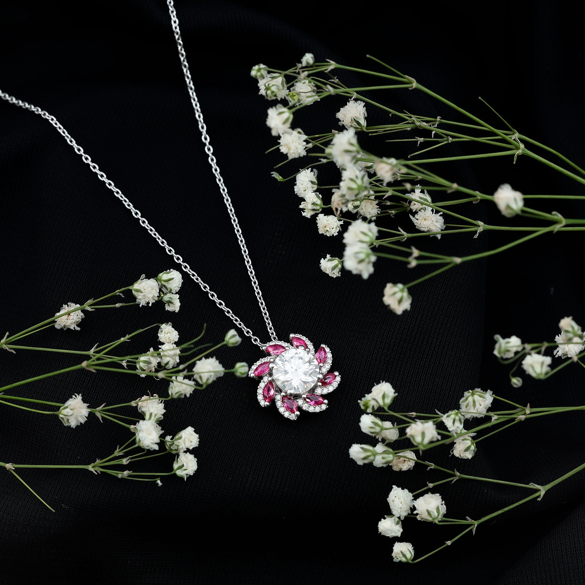 Round Cut 8 MM Moissanite and Lab Ruby Flower Pendant Necklace