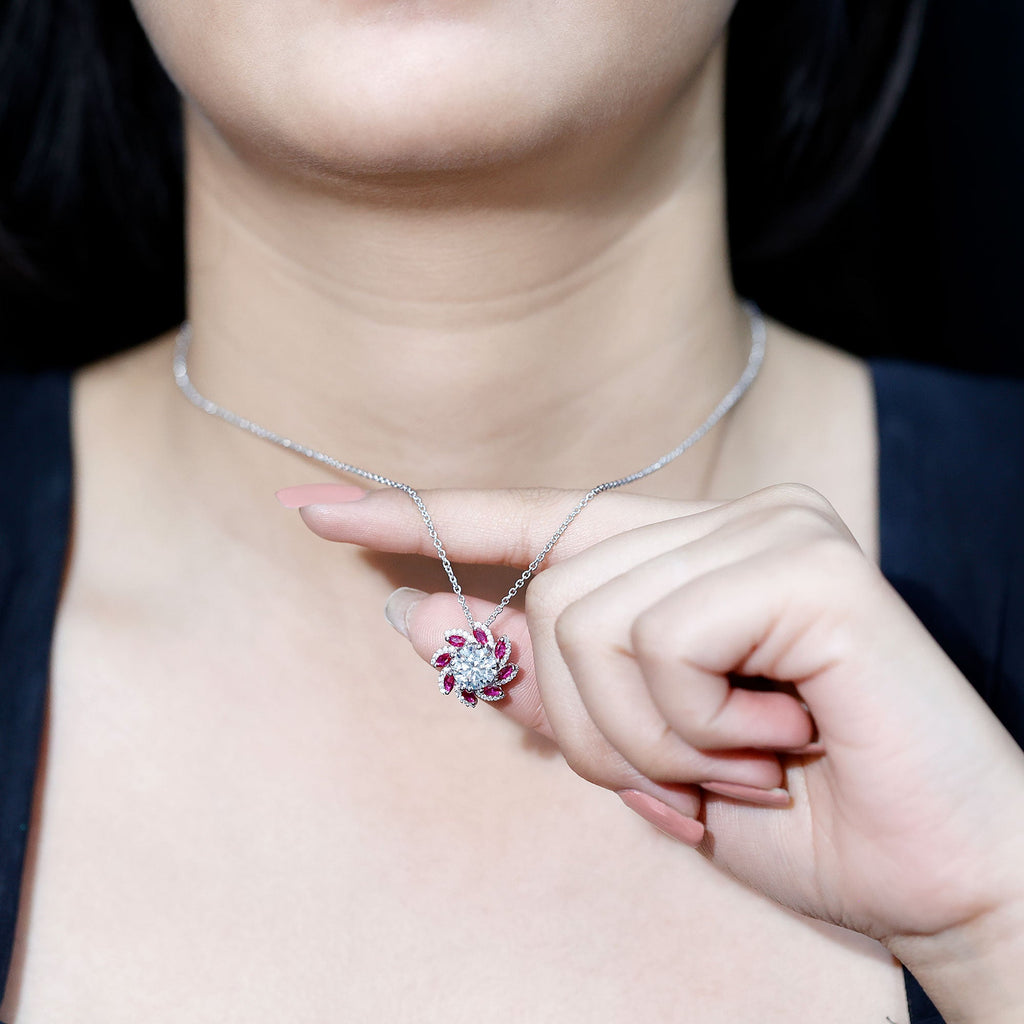 Round Cut 8 MM Moissanite and Lab Ruby Flower Pendant Necklace