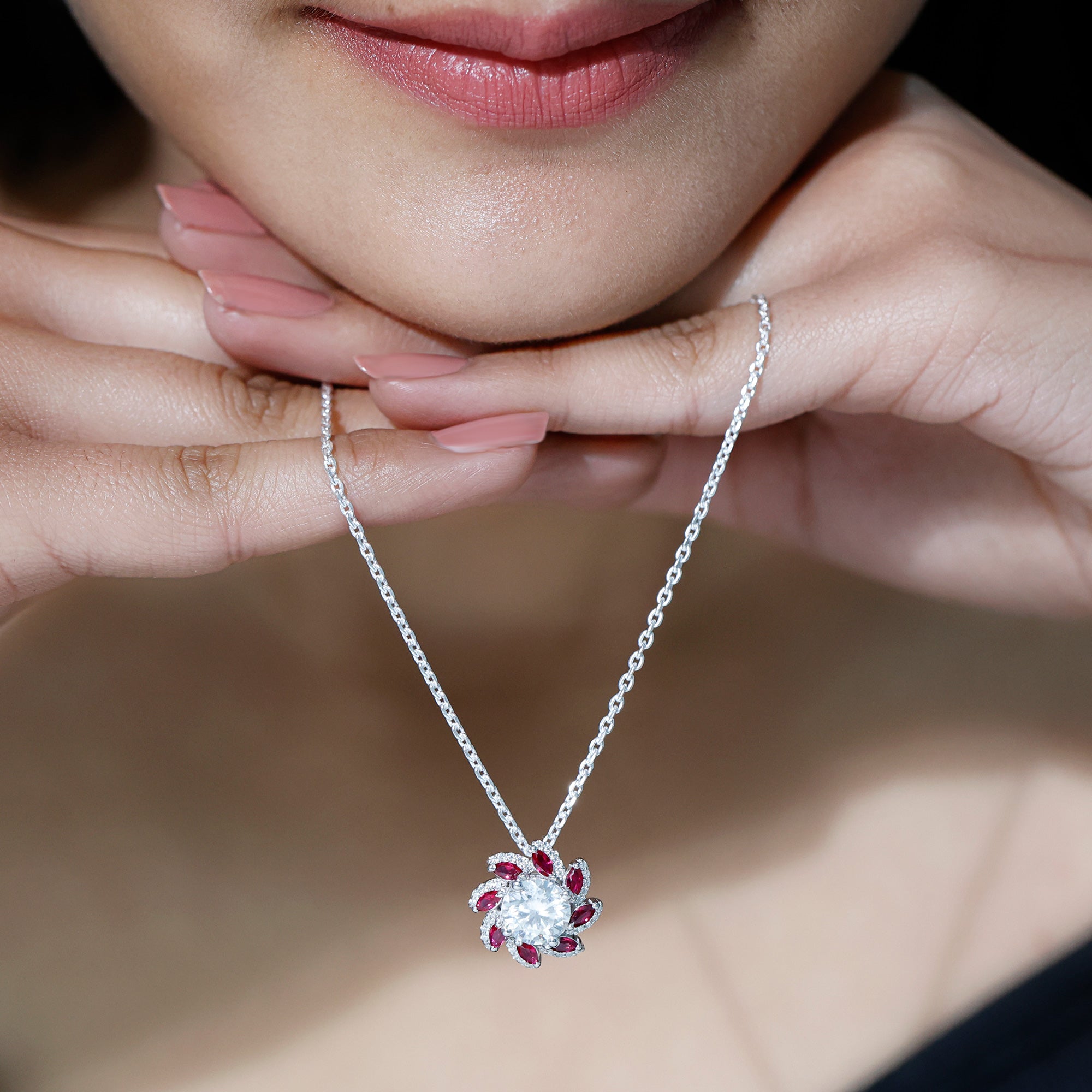 Round Cut 8 MM Moissanite and Lab Ruby Flower Pendant Necklace
