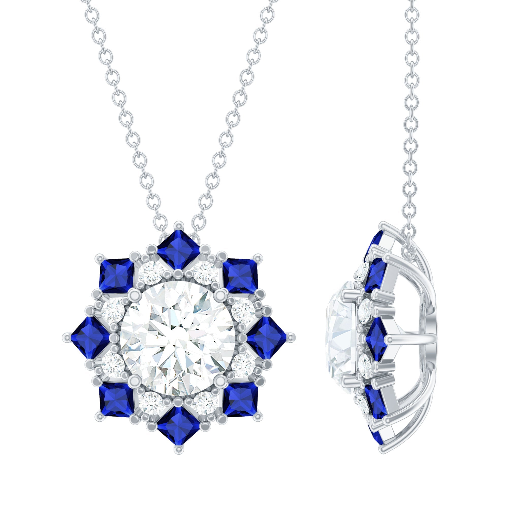 Certified 2 Carat Moissanite and Lab Blue Sapphire Halo Pendant with Silver Chain