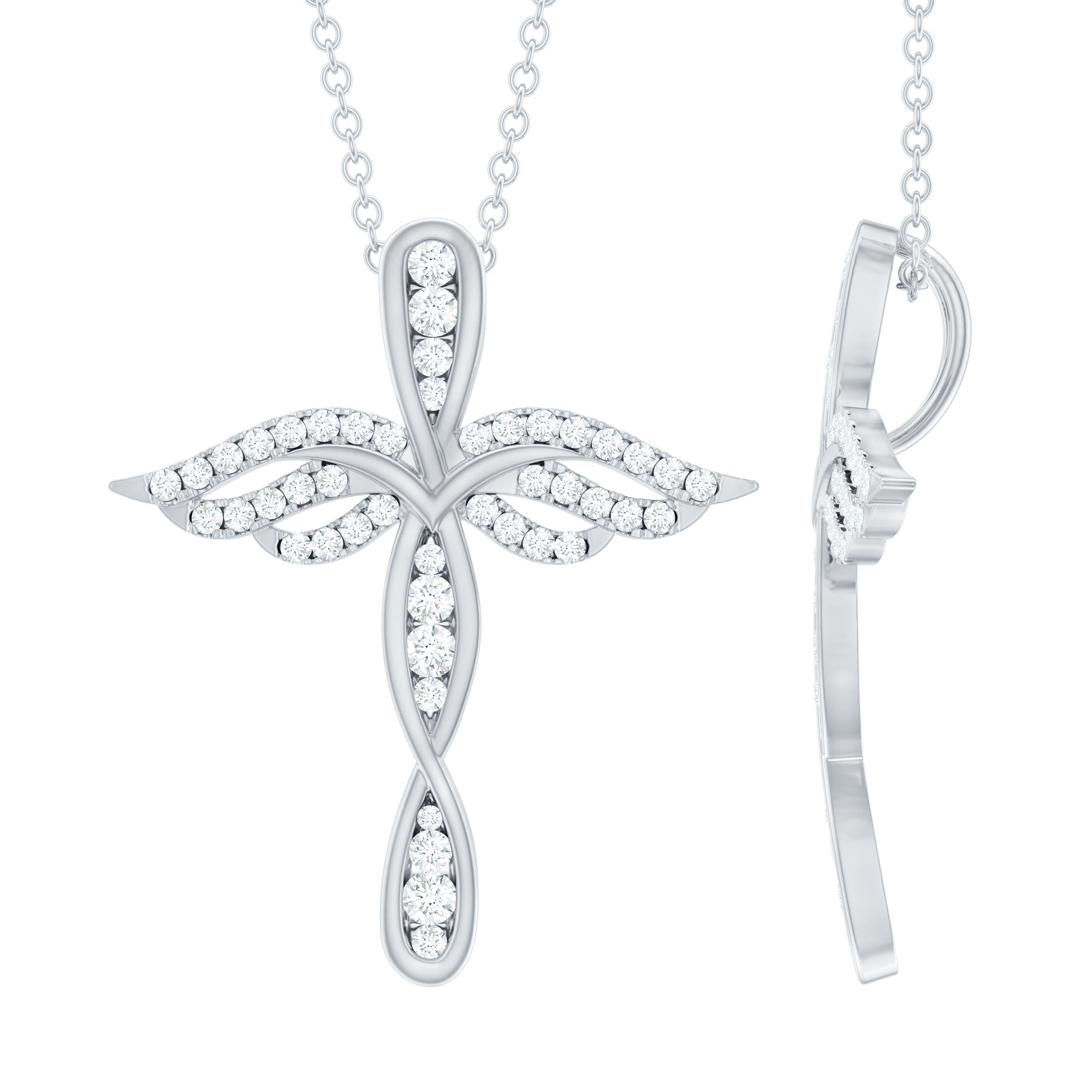 Pave Set Moissanite Angel Wings Cross Necklace with Silver Chain