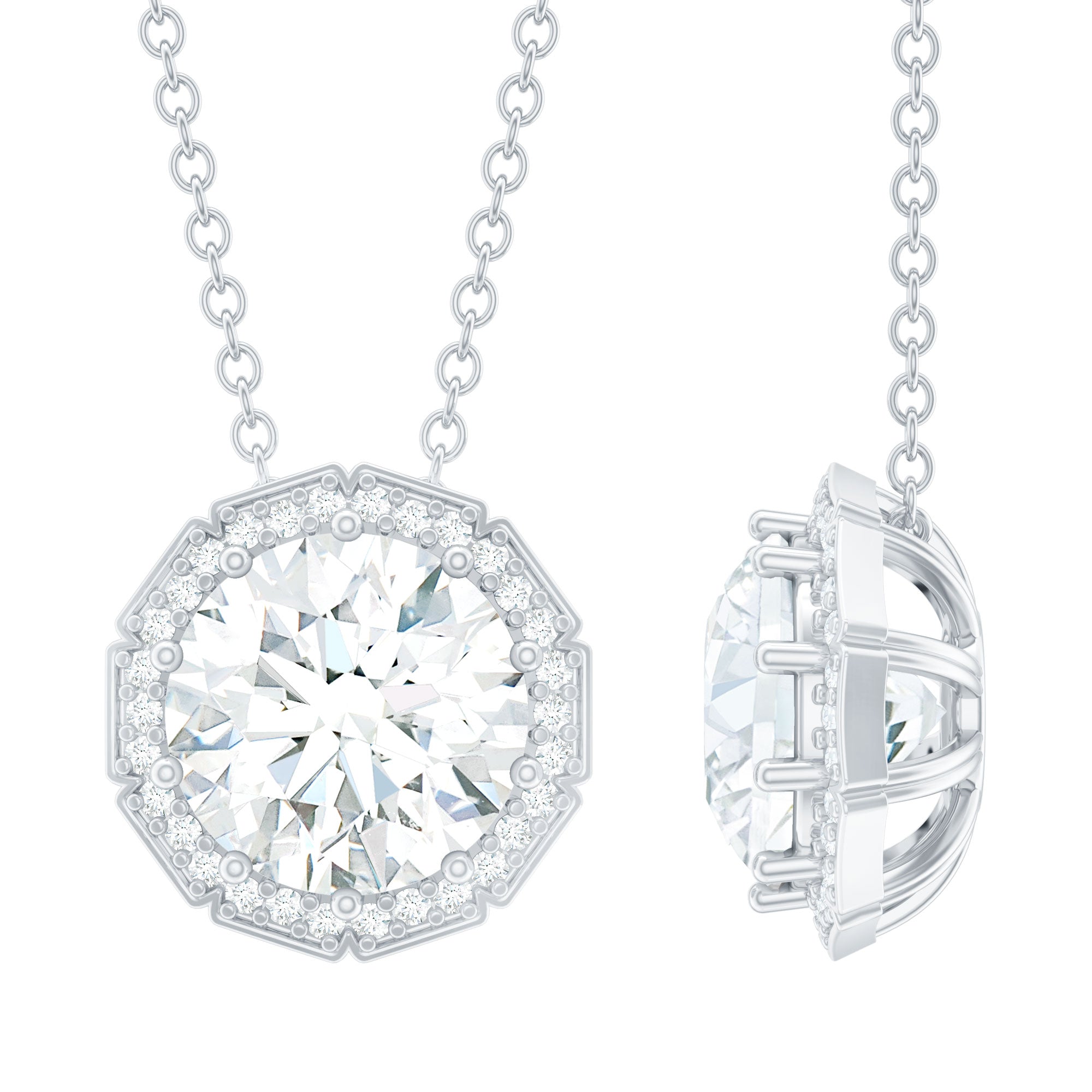 Certified 8 MM Round Moissanite Halo Necklace with Silver Chain