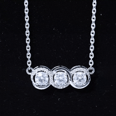 Certified Round Moissanite 3 Stone Bar Necklace with Silver Chain