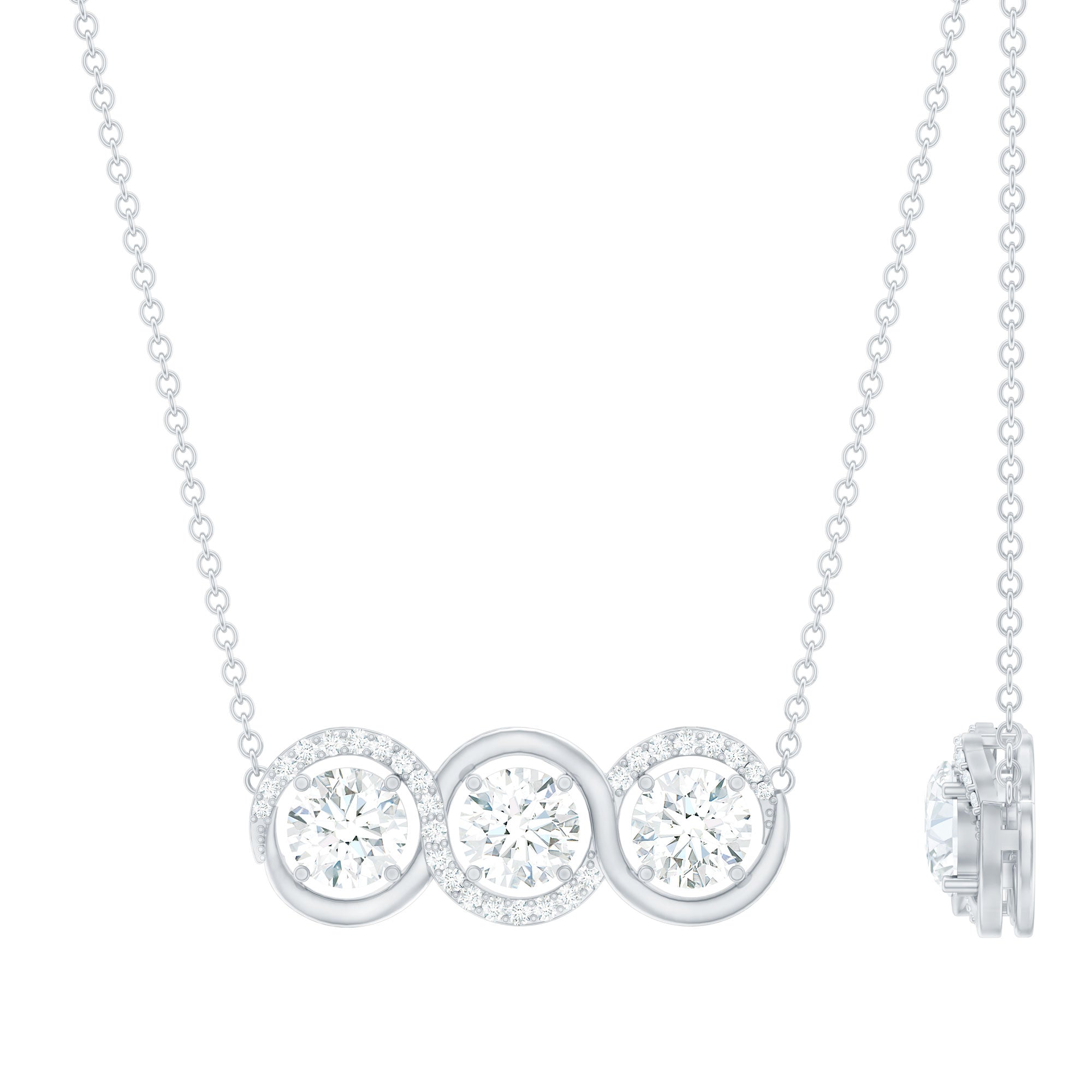 Certified Round Moissanite 3 Stone Bar Necklace with Silver Chain