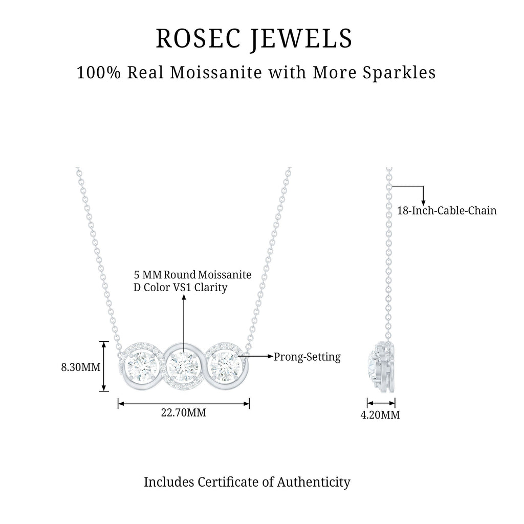 Certified Round Moissanite 3 Stone Bar Necklace with Silver Chain